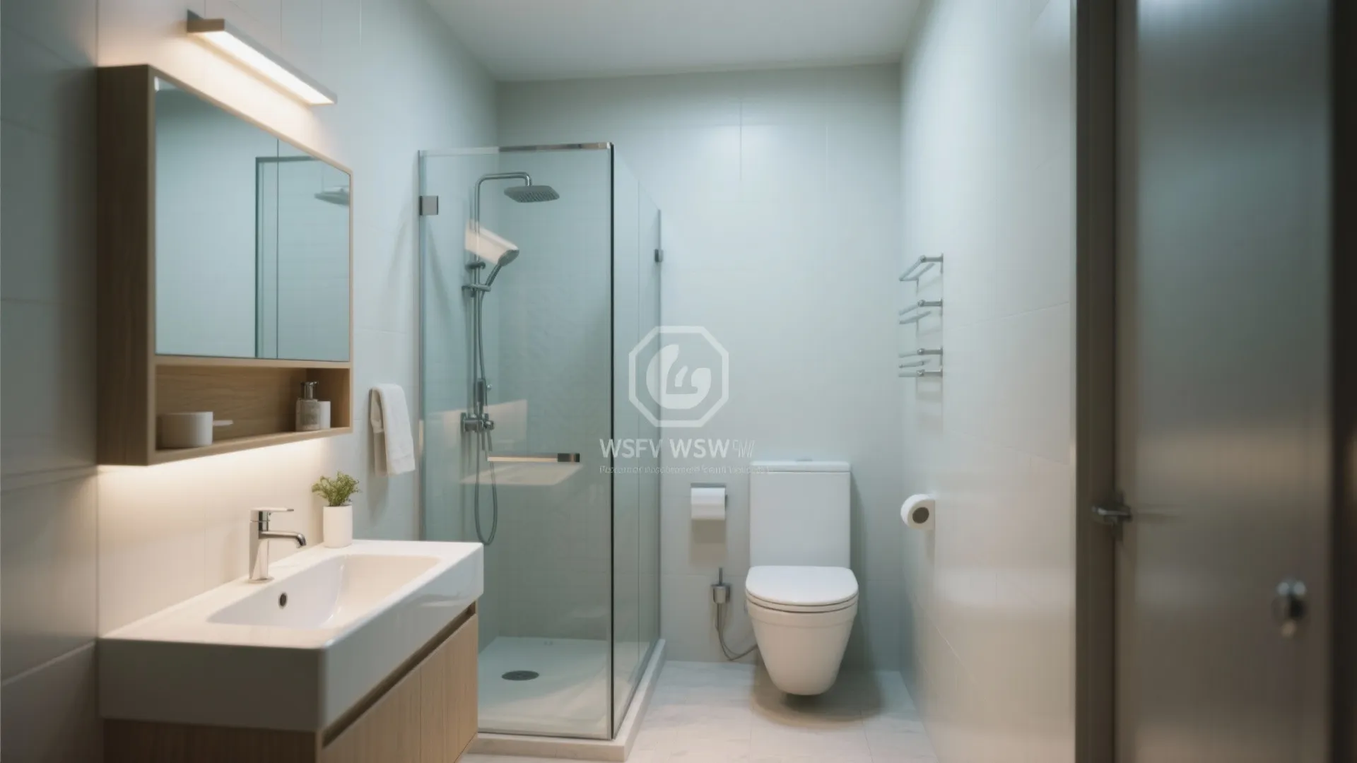 Modern white bathroom with glass shower stall toilet wooden cabinet sink and bright ceiling light fixture
