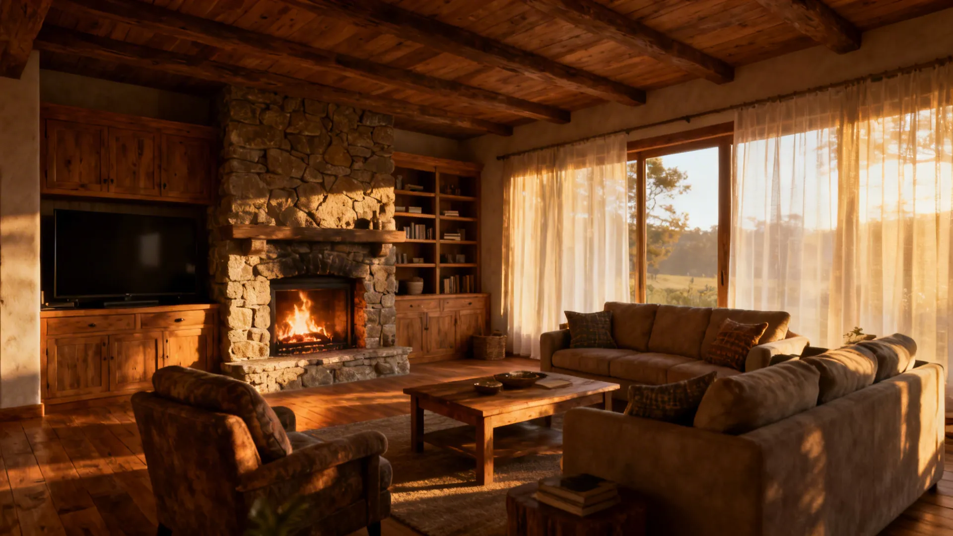 Cottage living room with TV opposite a stone fireplace, creating two activity zones.
