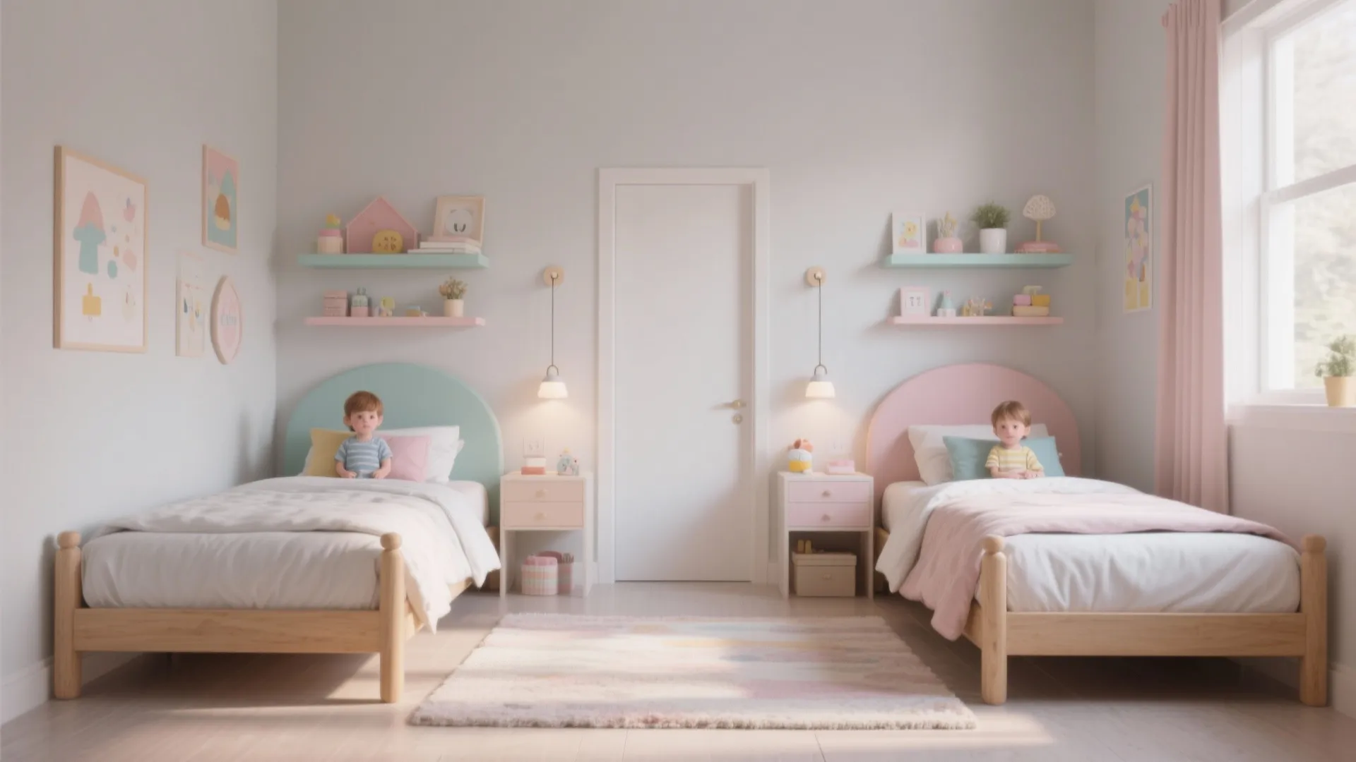 Symmetrical kids bedroom with pink and green beds wall lights and white door in center