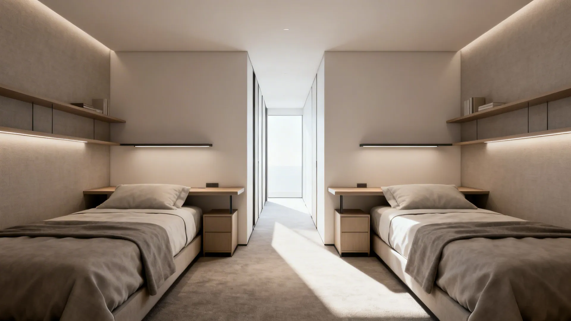 Narrow bedroom with two beds on opposite walls and a slim central circulation path