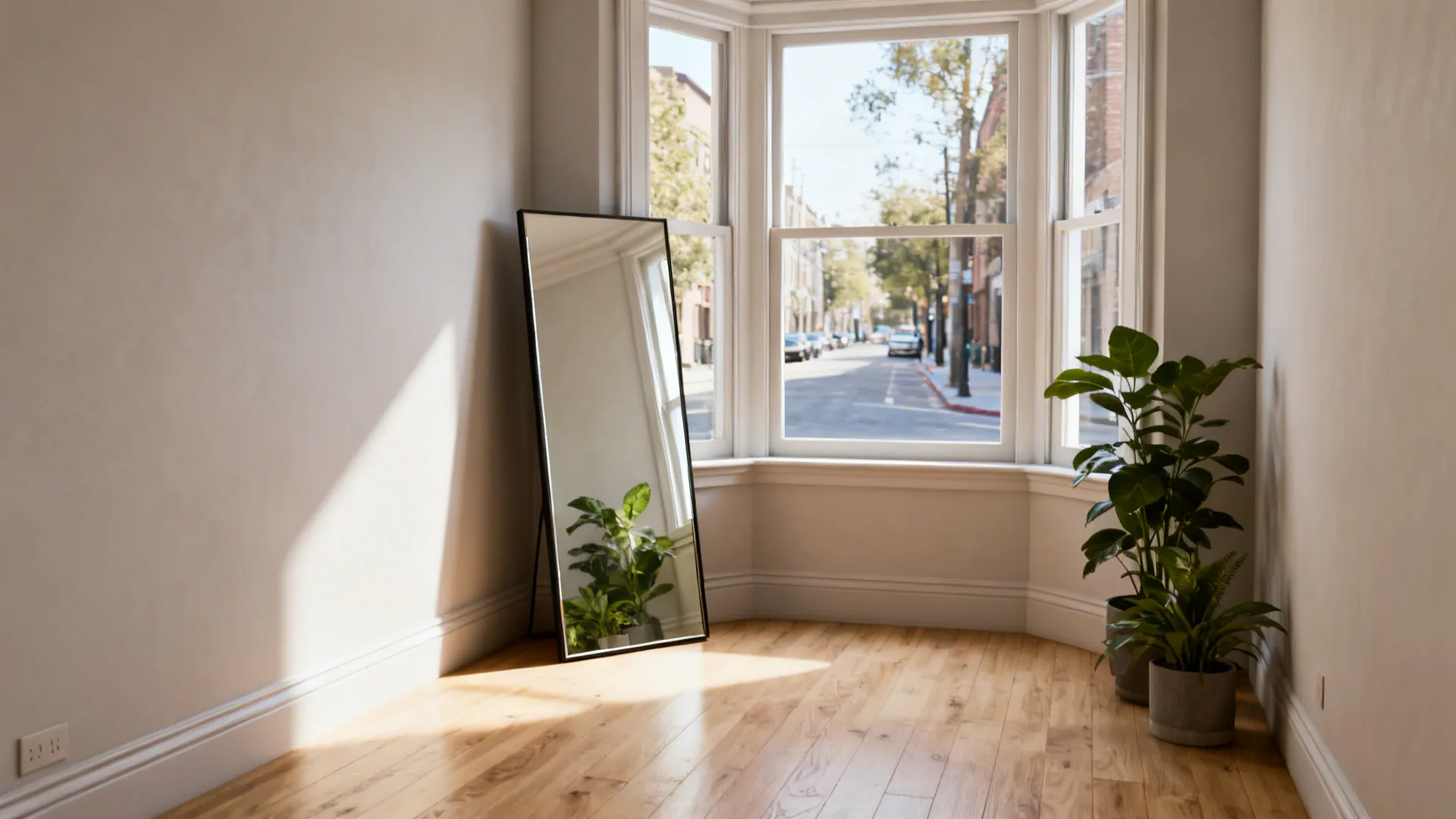 Large floor mirror leaning against wall near bay window showing street view and green plants