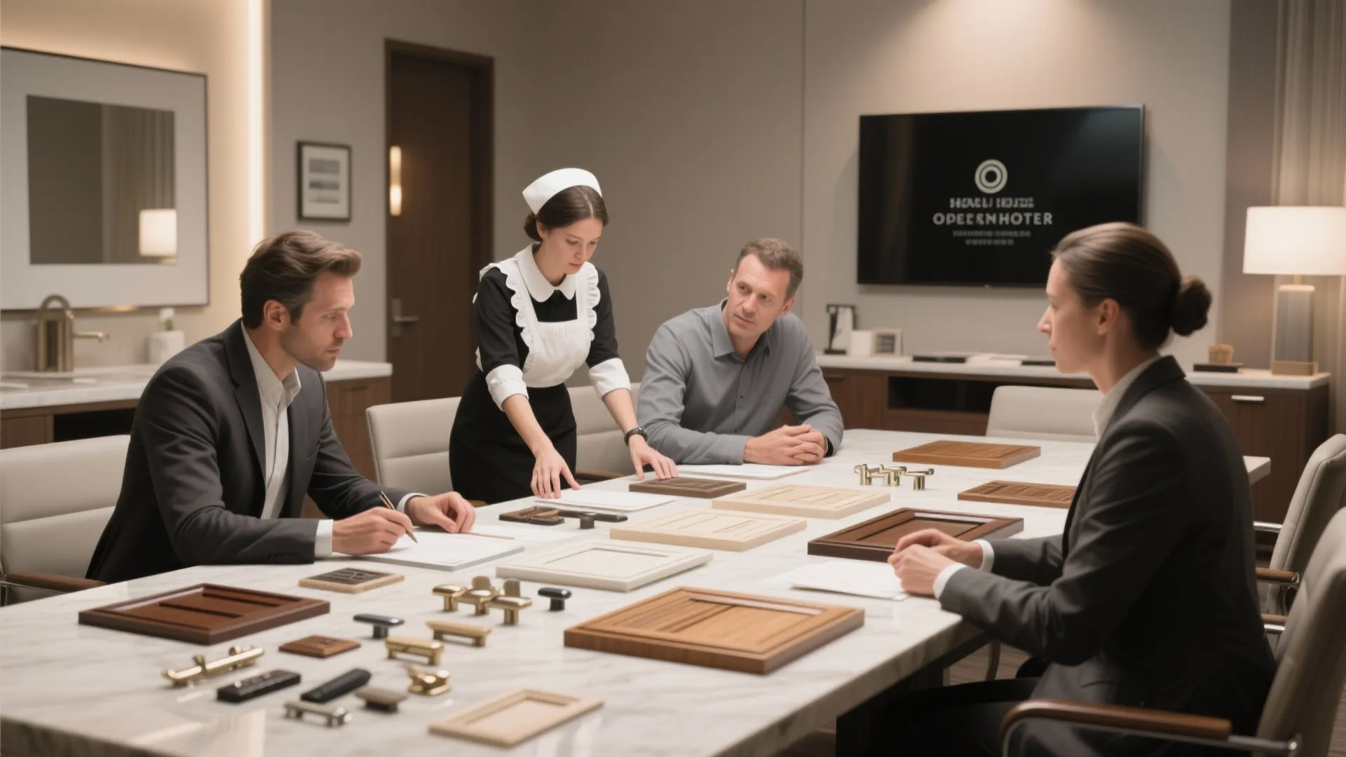 Professional meeting around marble table showing various wood samples, cabinet doors, and metal furniture hardware