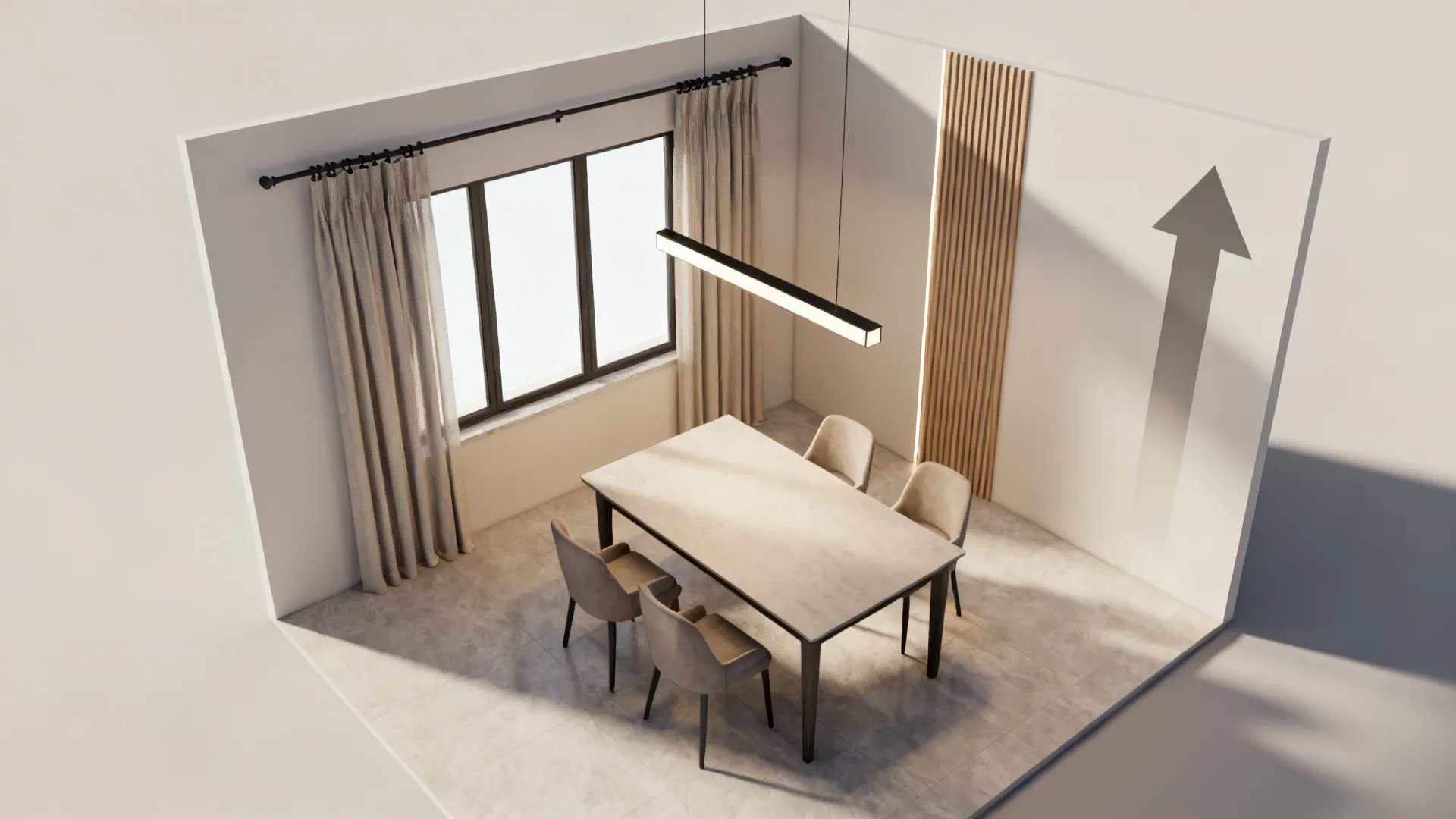 Interior design drawing of dining room with table chairs curtains ceiling light and wall arrow