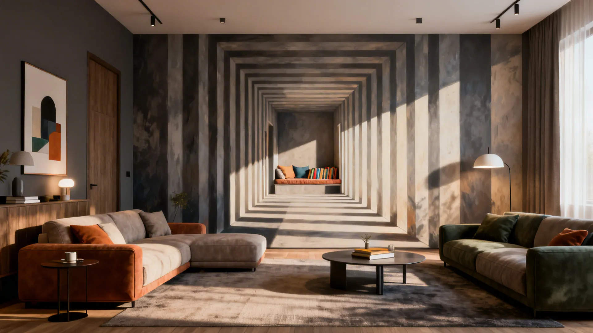 Living room with an optical-illusion 3D mural creating a corridor perspective toward a reading nook