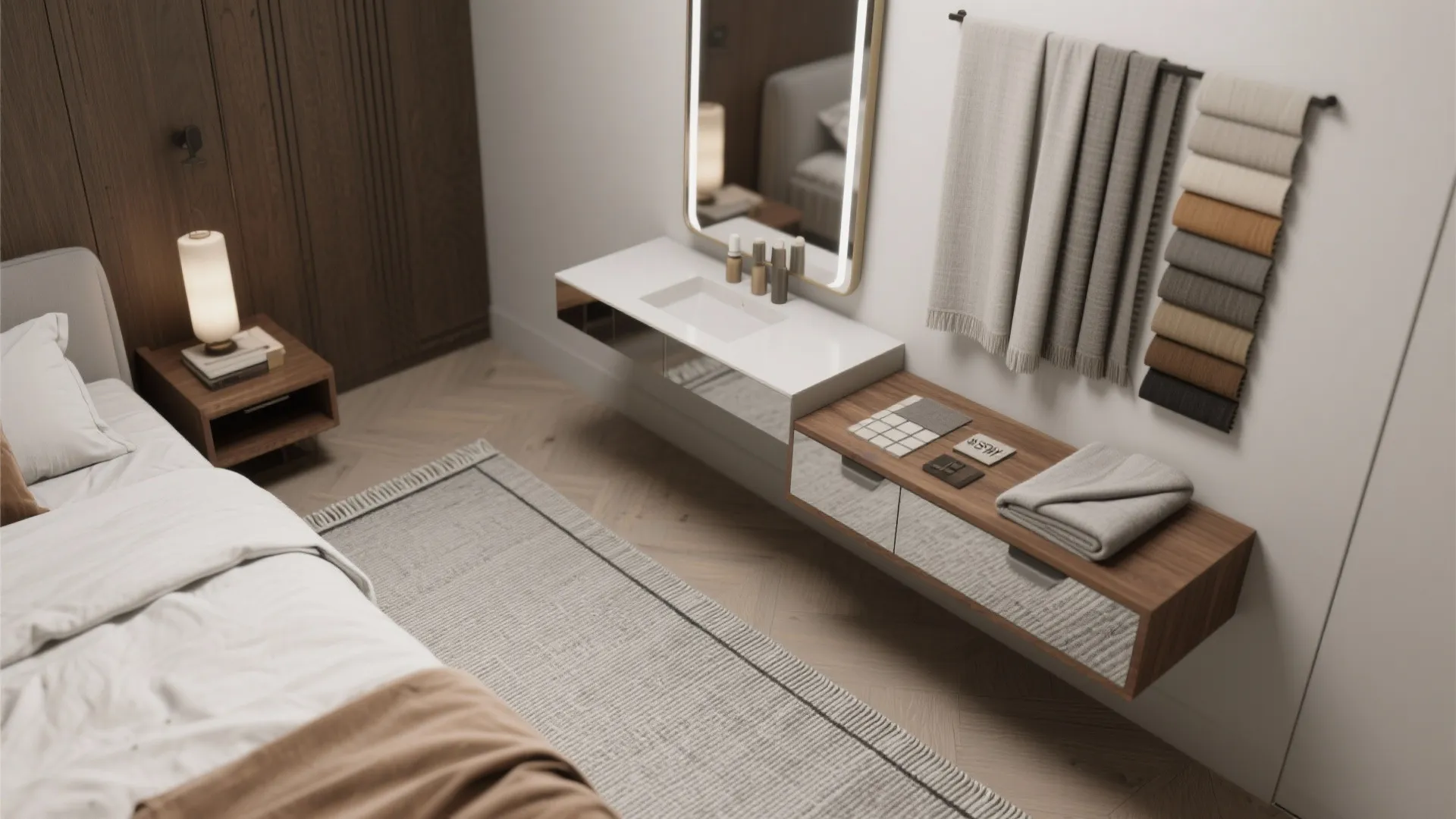 Modern bedroom featuring a grey rug white bed sink area wood cabinet and hanging towels