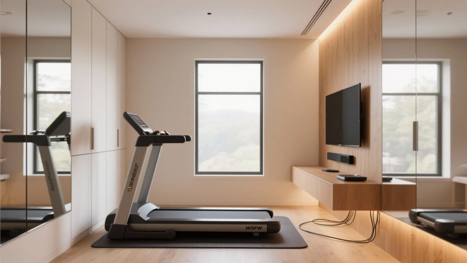 Minimalist room featuring a treadmill, wood wall panel, television, large mirrors, and a bright window