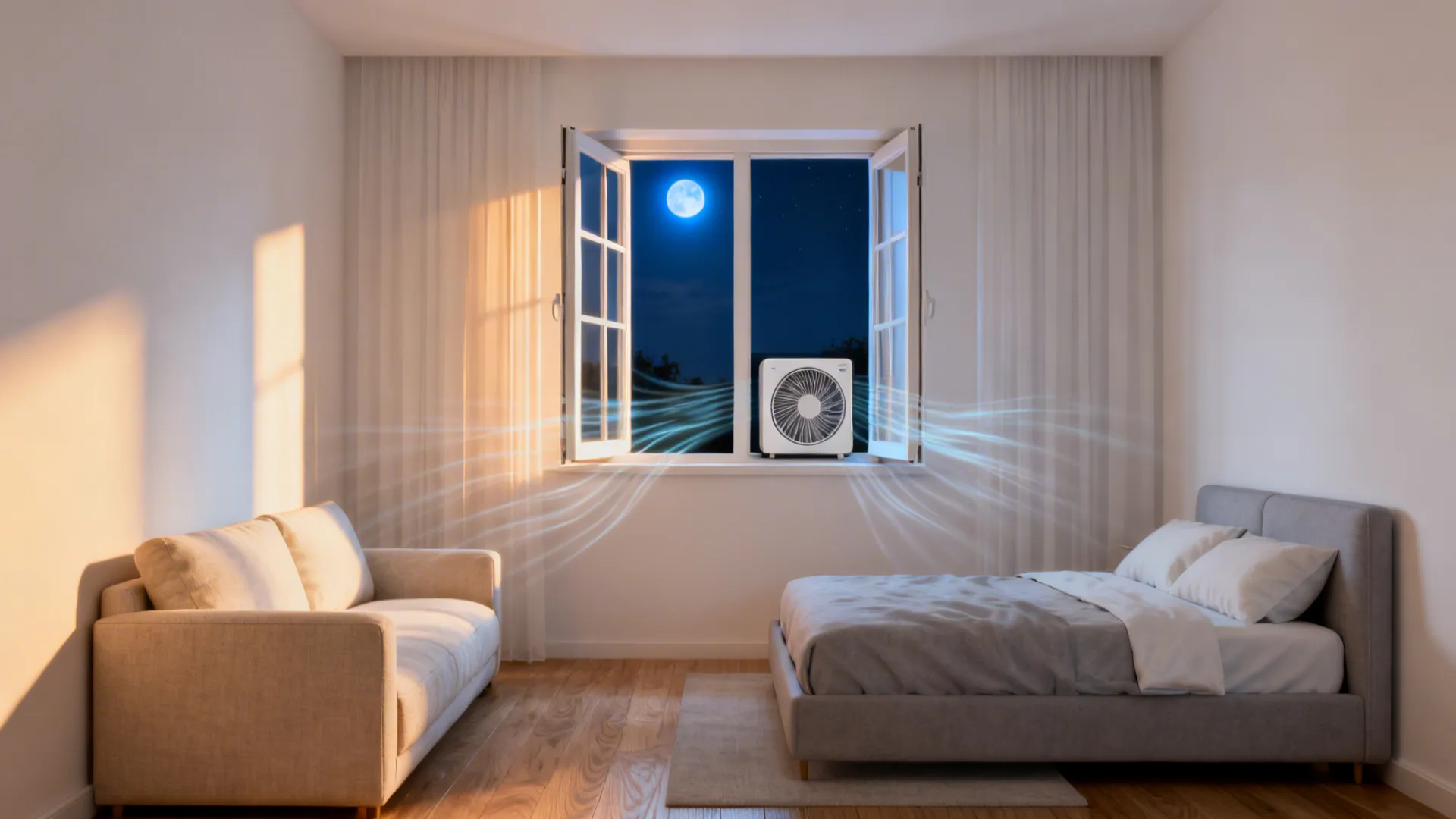 Small room with furniture shifted to create clear cross-ventilation and an open window fan