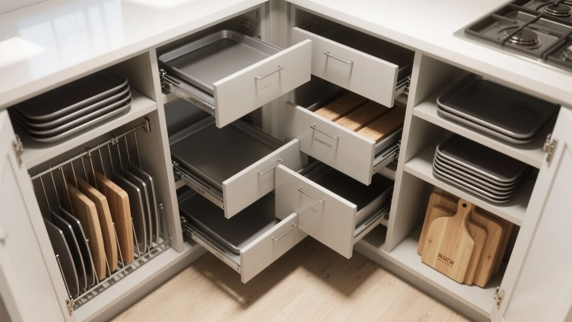Corner kitchen cabinet with multiple pull out drawers storing baking trays and wooden cutting boards