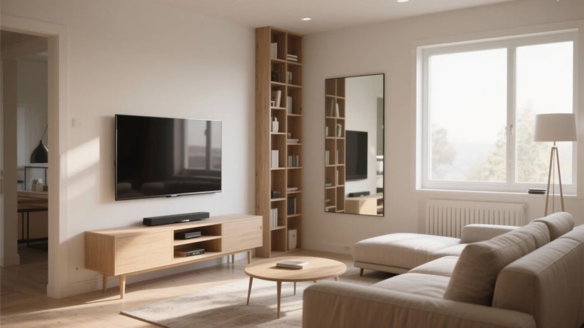 Bright living room showing television on wooden cabinet beside tall bookshelf and large wall mirror