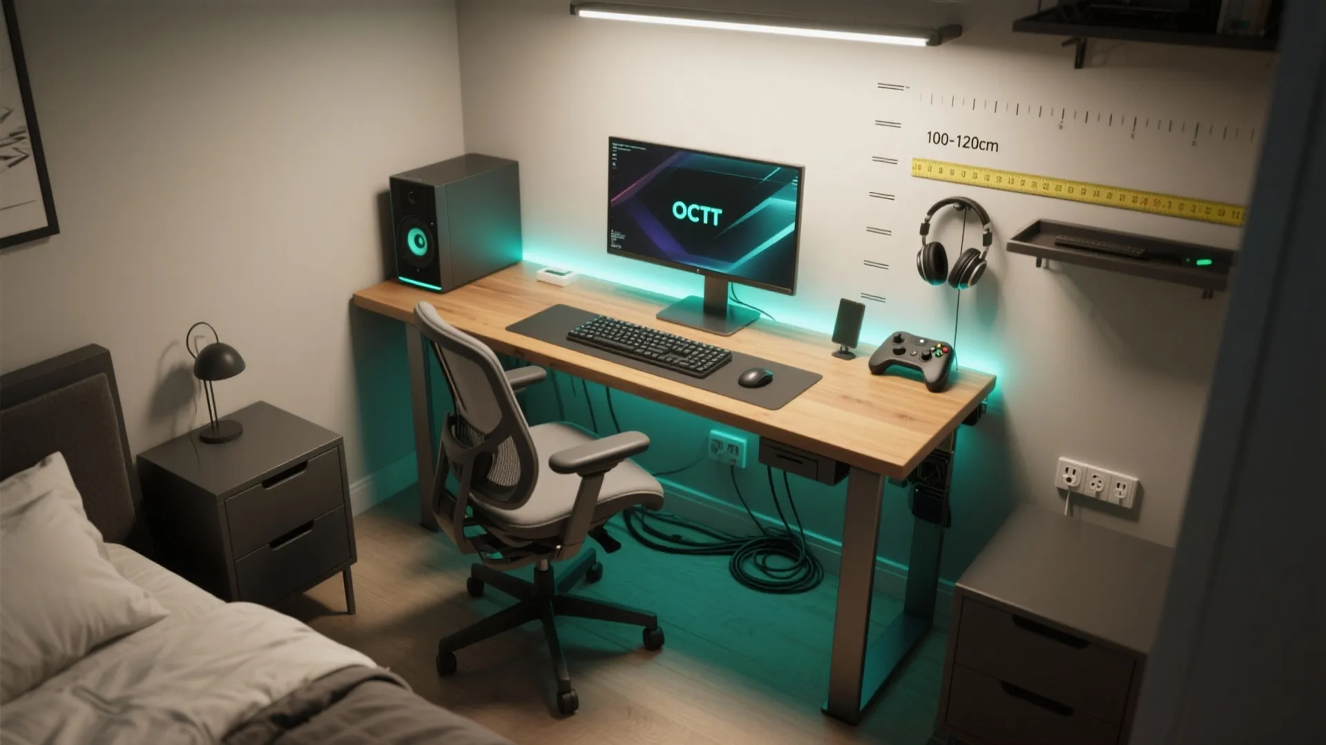 Top-down view of an ergonomic compact desk with cable tray, monitor placement, chair clearance and labeled measurements.