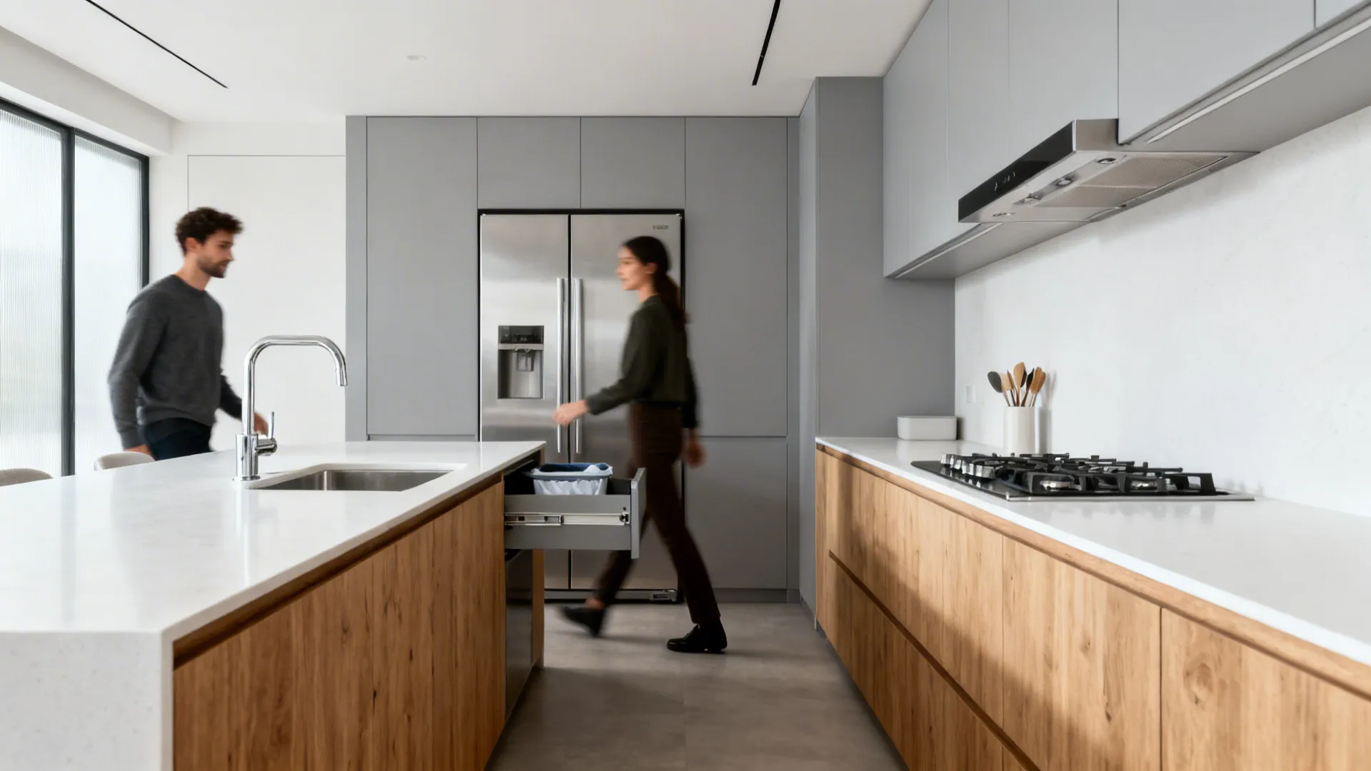 Eye-level galley with sink and cooktop on one run, fridge opposite, and a comfortable central aisle.