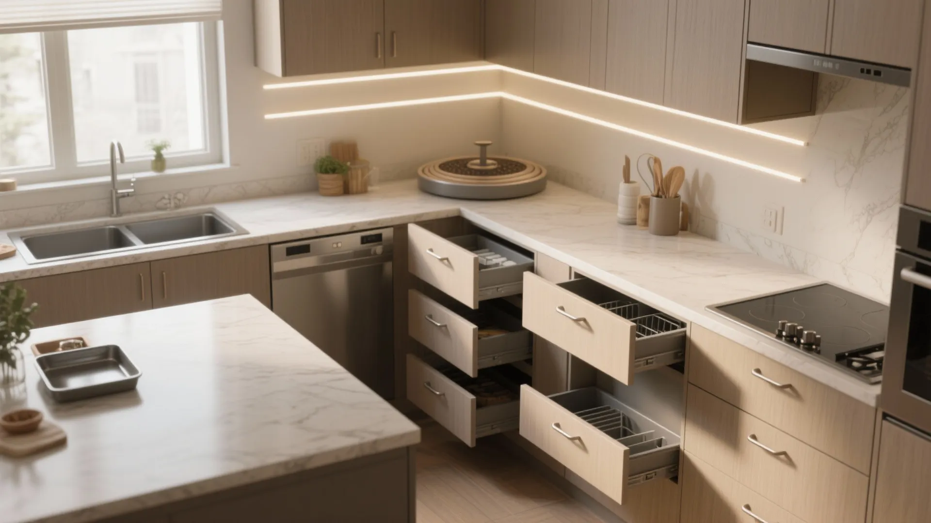 Modern kitchen with marble countertops open drawers light wood cabinets stove sink and bright window