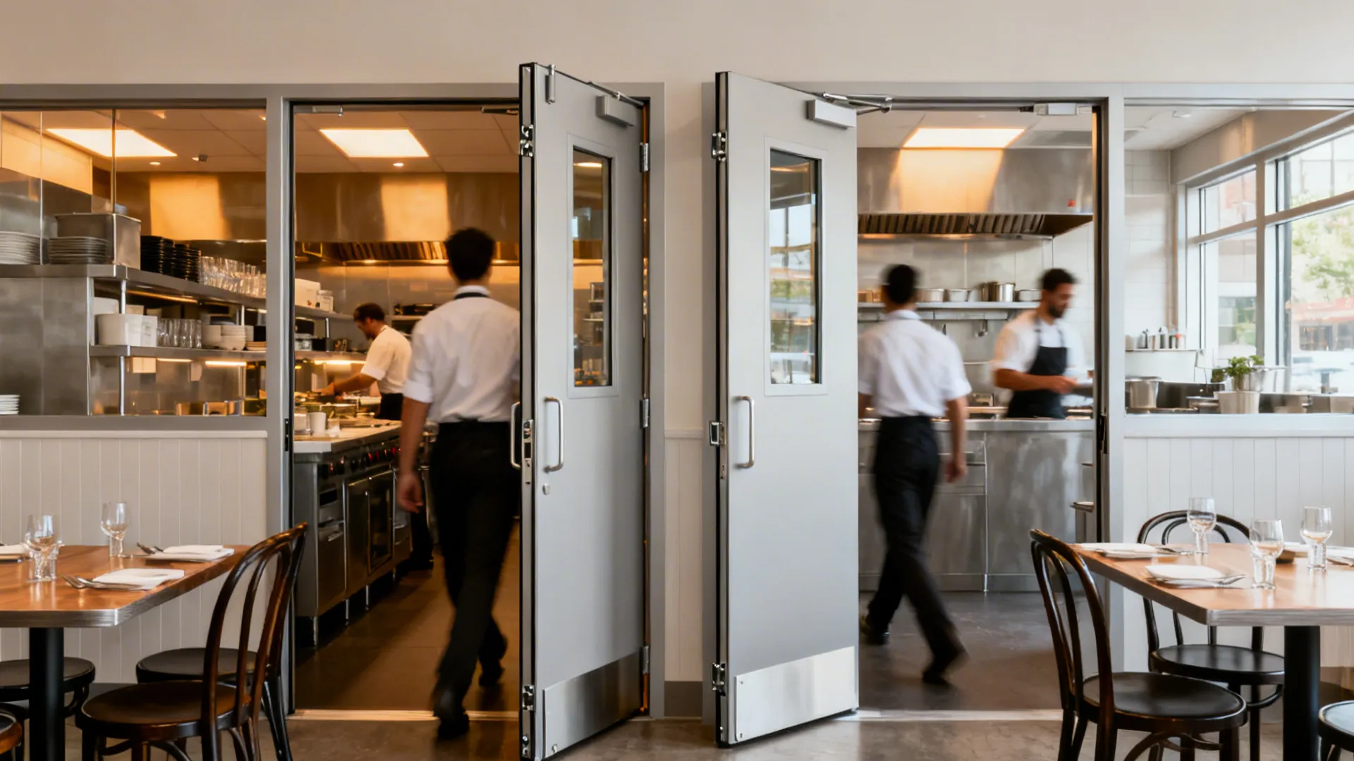 Wide view of optimized kitchen threshold with double swing doors enabling smooth staff flow.