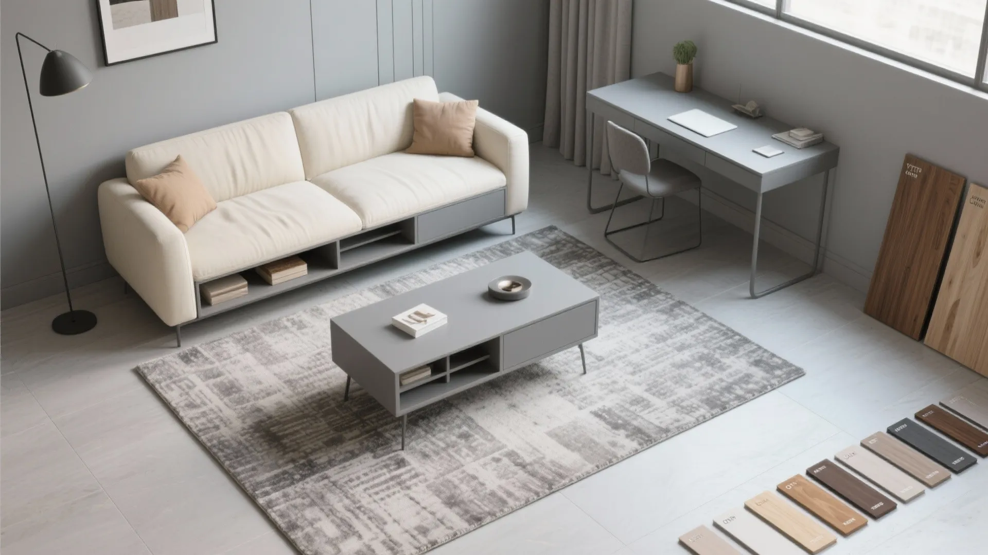 Modern home office area with a white sofa gray desk coffee table and wood samples