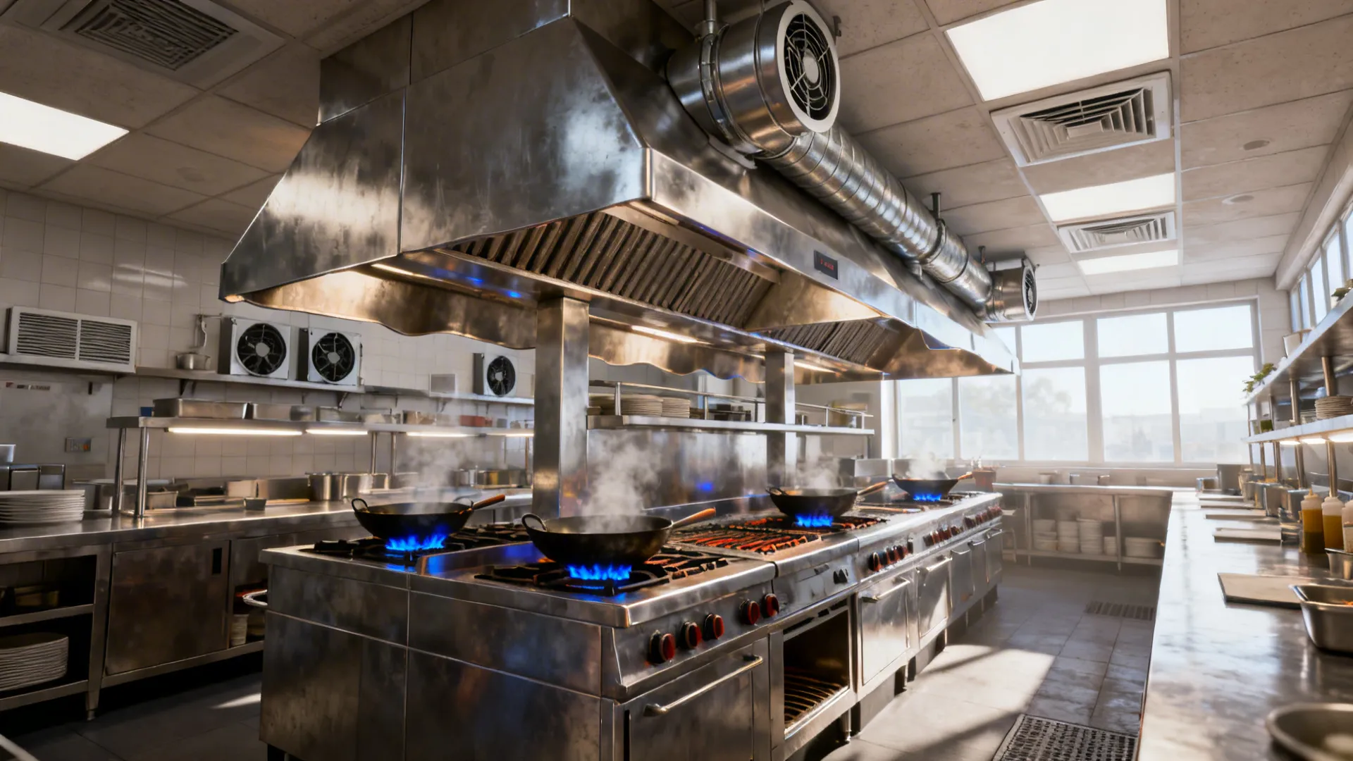 Hotel kitchen with stainless hoods, side skirts, and balanced make-up air diffusers.