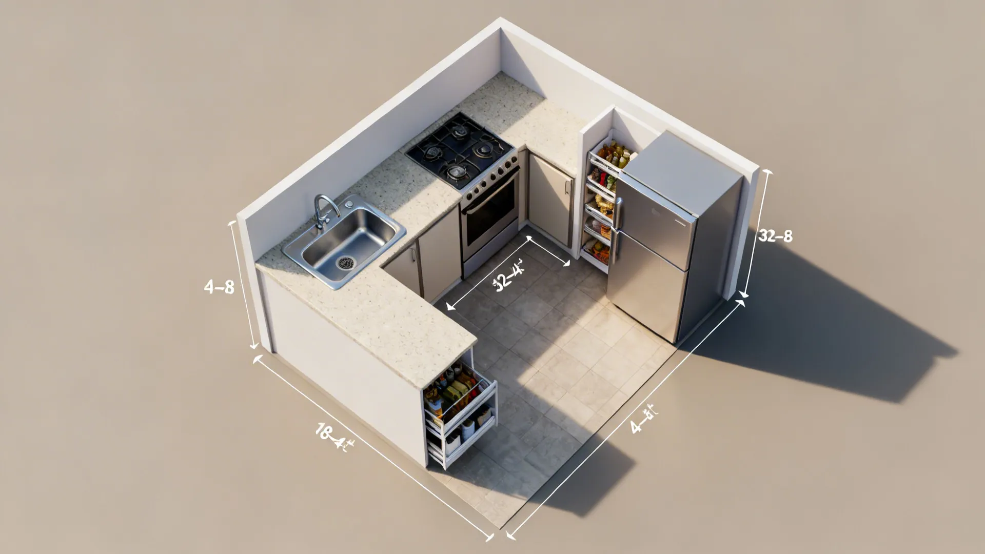 Top-down view of a small kitchen with optimized work triangle and pull-out pantry.