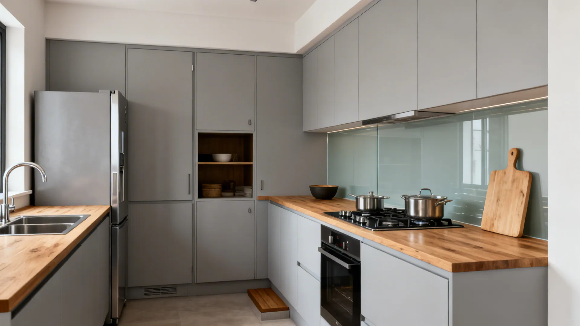 L-shaped compact kitchen showing sink, cooktop, and fridge forming a tight work triangle with clear landings.