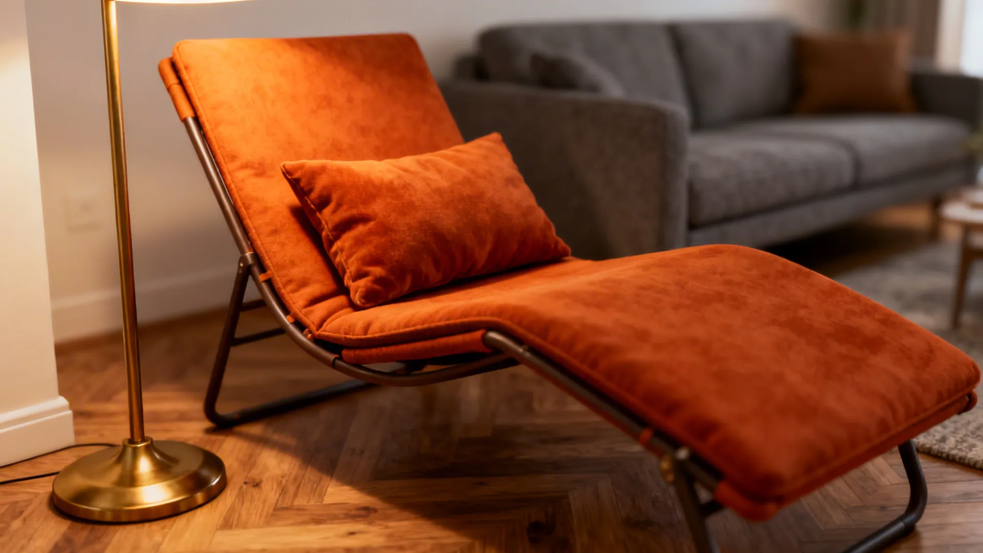 Burnt-orange lounge chair and cushions contrasted with a grey sofa and warm lighting.