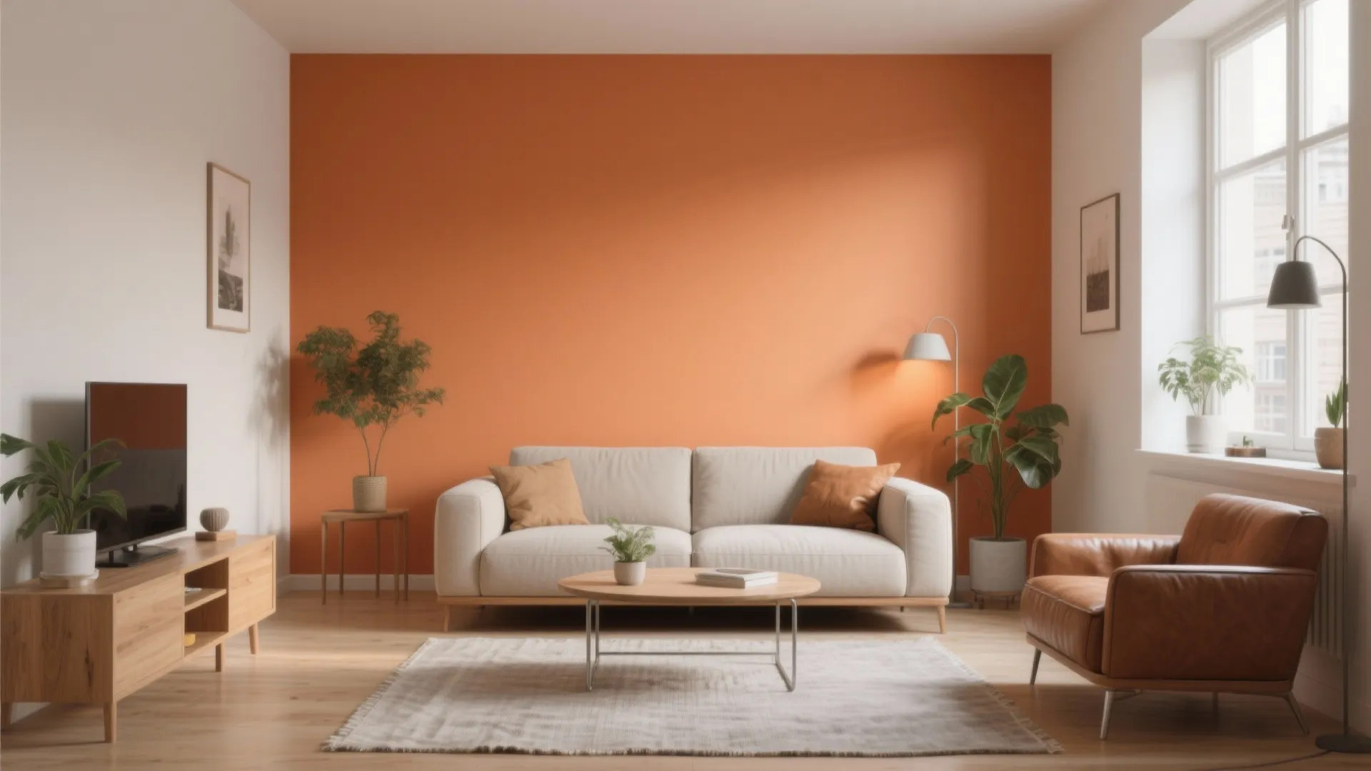 Modern living room featuring orange accent wall white sofa leather chair wooden cabinet and floor lamp