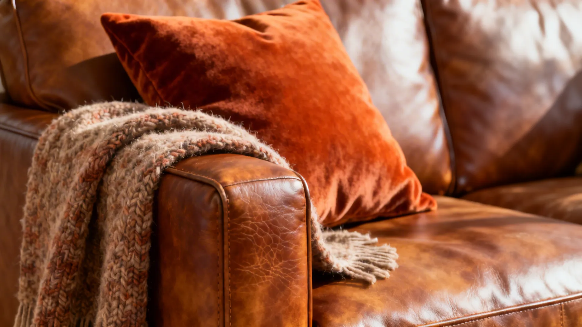 Close-up of a brown leather sofa with a rusty orange pillow and chunky wool throw.