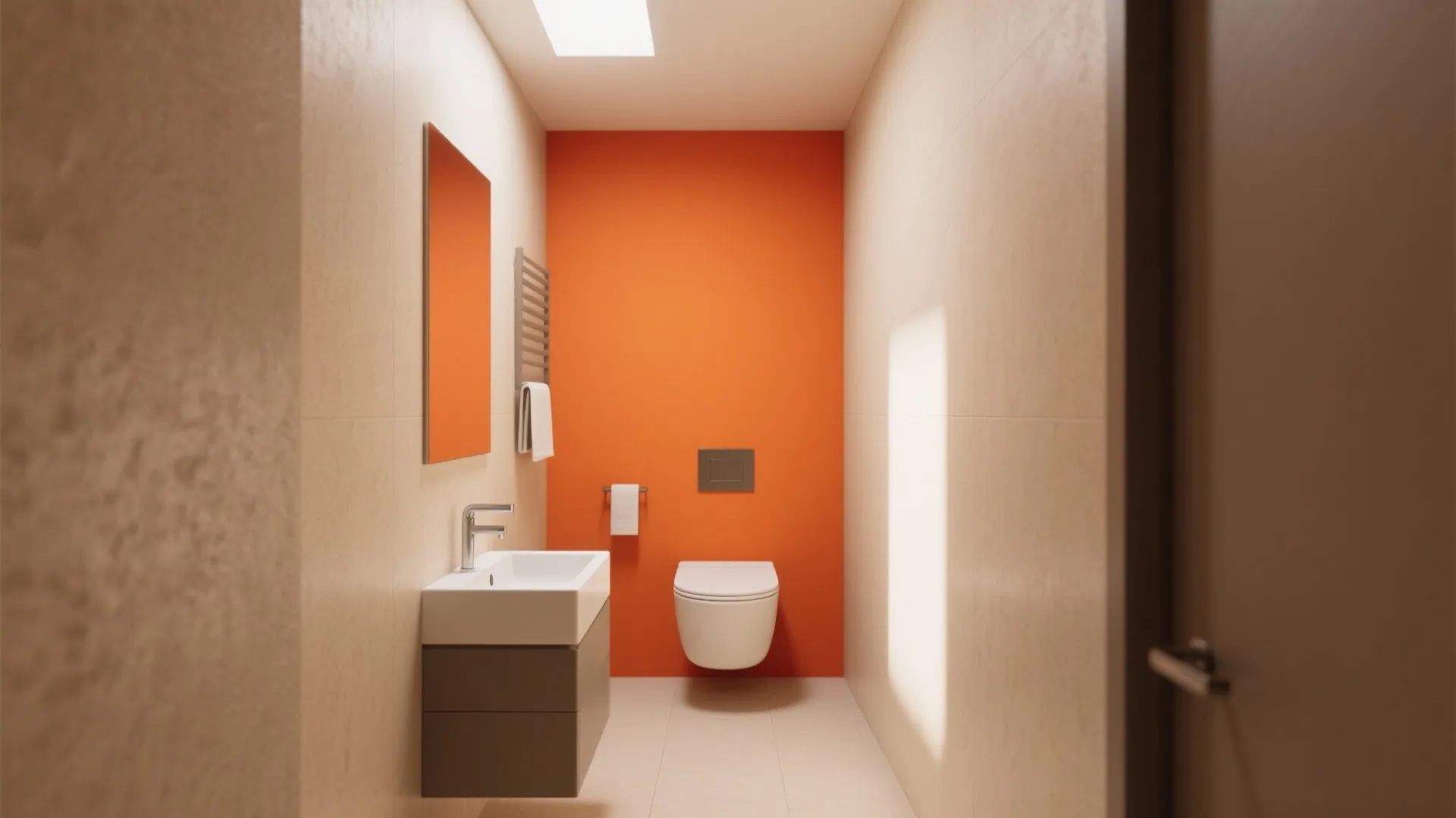 Minimalist narrow bathroom with a bright orange accent wall behind a modern white floating toilet