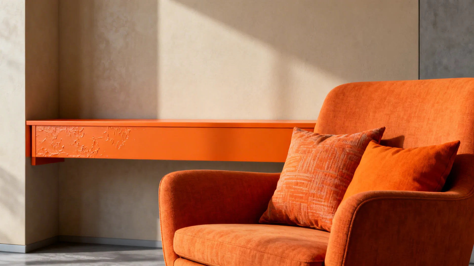 Tangerine console and accent chair used sparingly as bold accents.