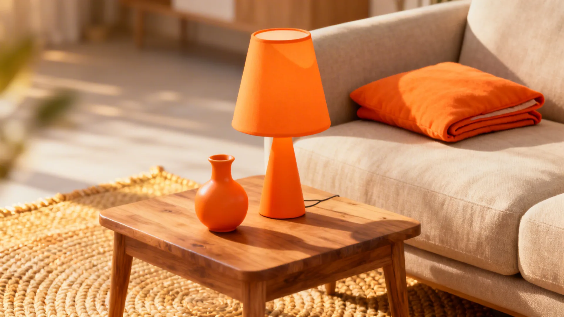 Close-up of three orange accent objects at different heights on a wooden table and rug