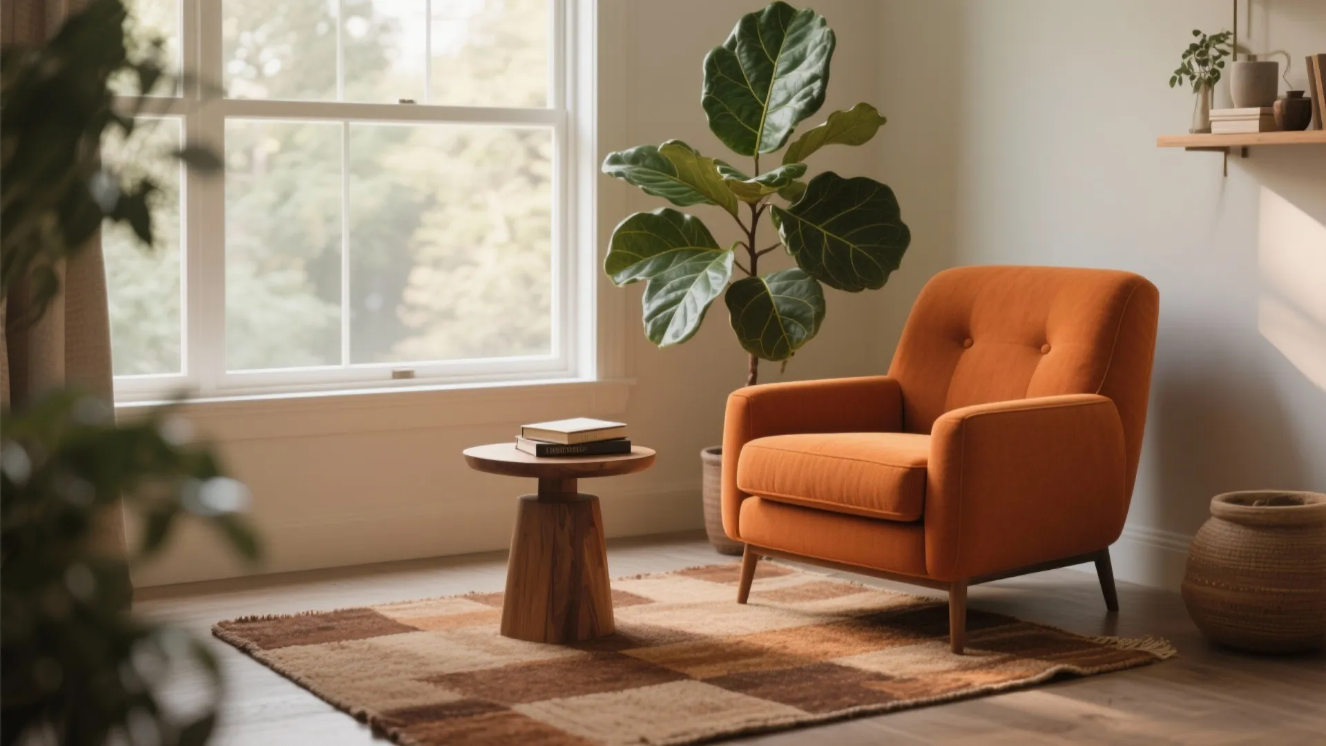 Cozy reading corner featuring orange sofa wooden side table green plant and checkered rug near window