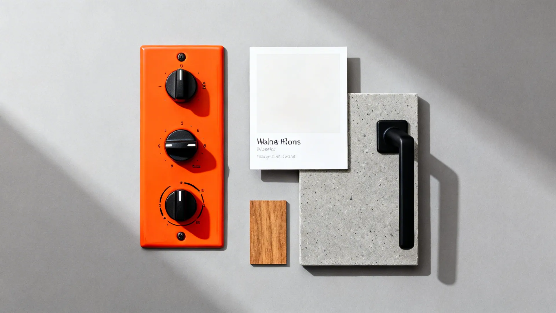 Top-down material palette with orange appliance sample, white paint, concrete-look quartz, black hardware, and oak.