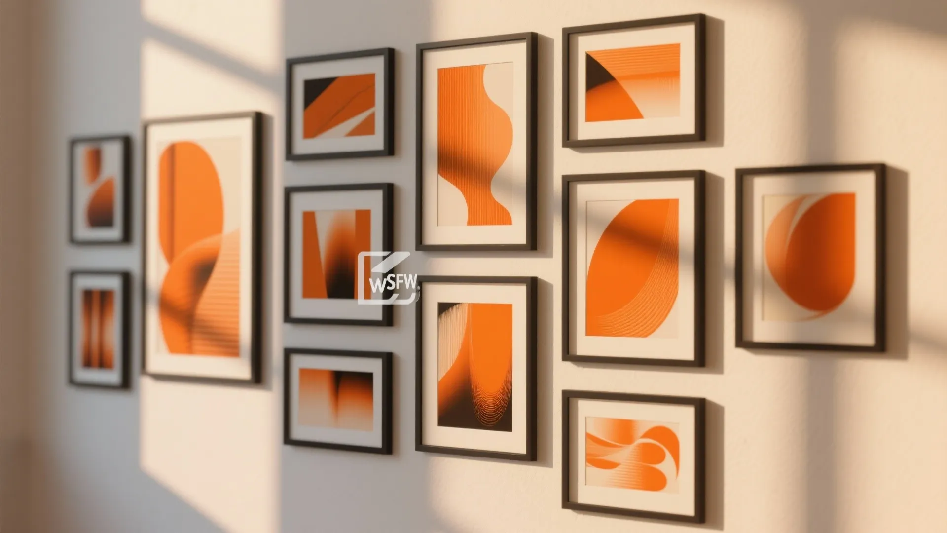 White wall decorated with many black frames containing orange abstract art in a bright room