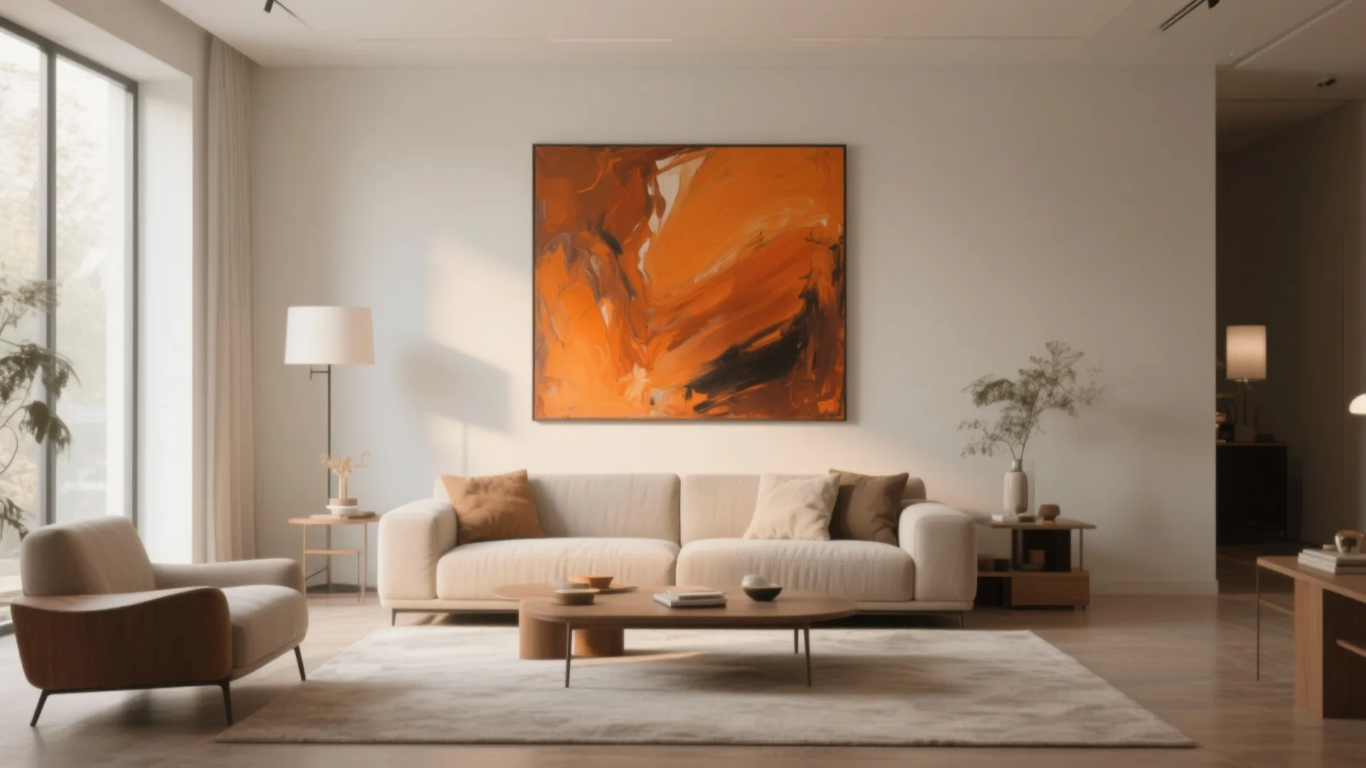 Modern living room with beige sofa large orange abstract wall painting coffee table and rug