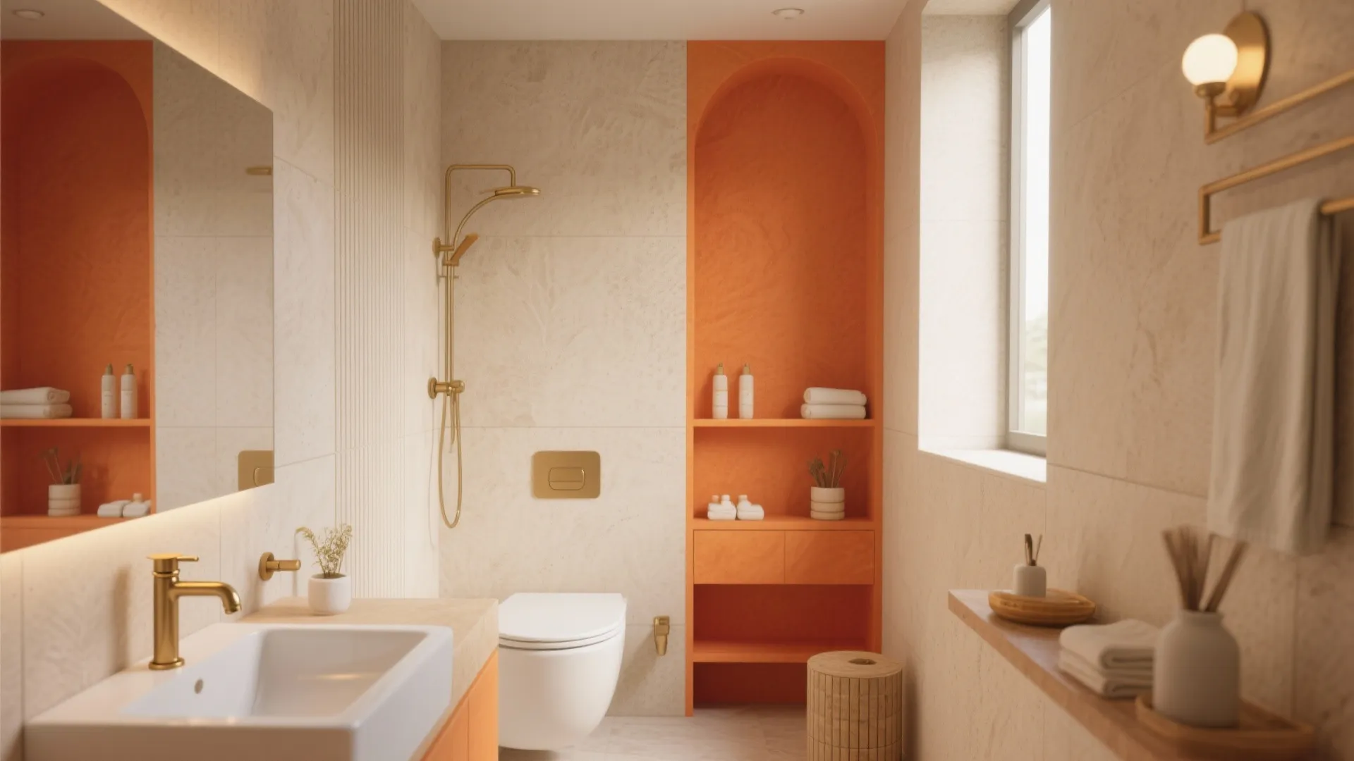 Bright bathroom featuring an orange arched shelf wall next to a white sink and toilet