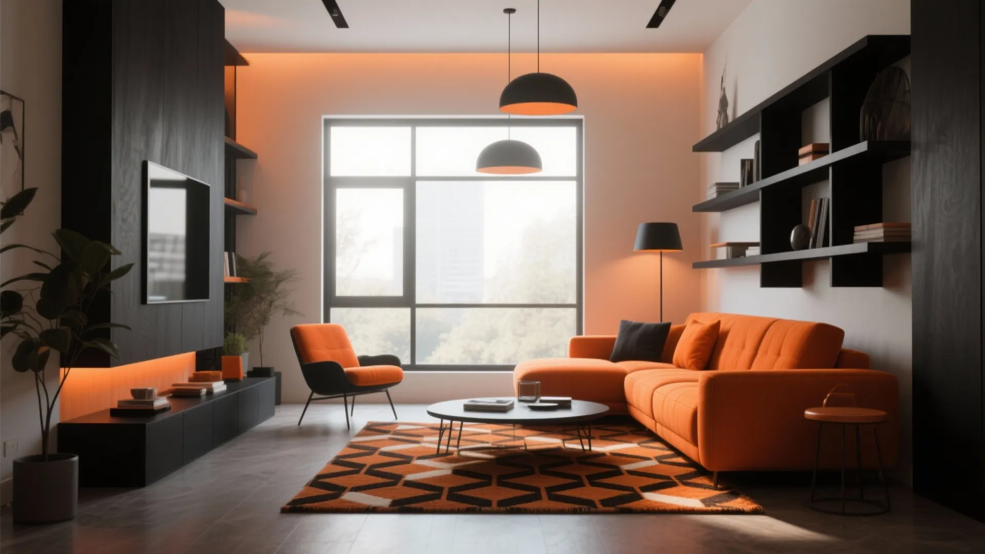 Contemporary living room with orange sofa black wall unit round coffee table and patterned floor rug