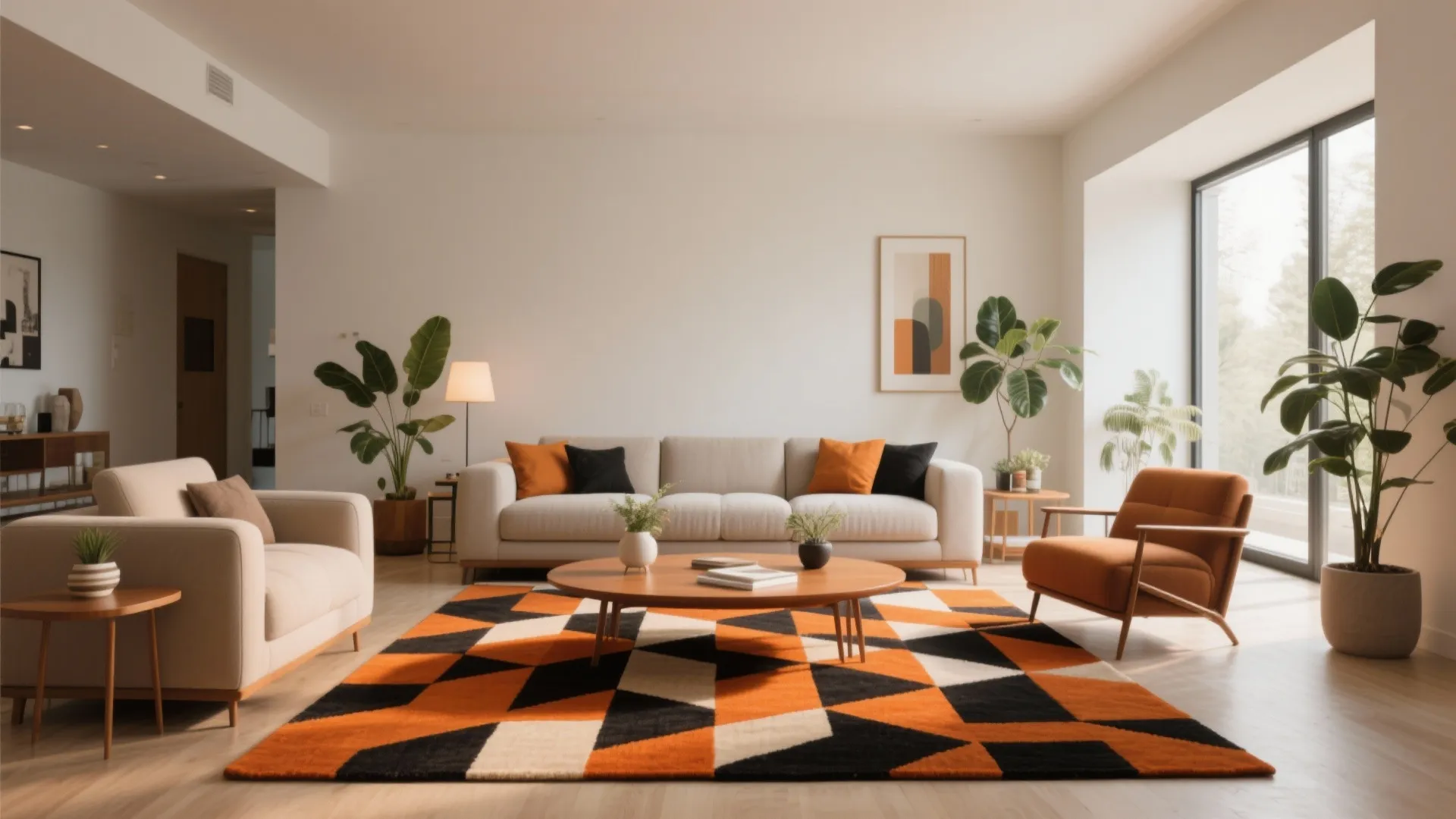 Modern living room with orange and black geometric rug white sofa and wooden coffee table