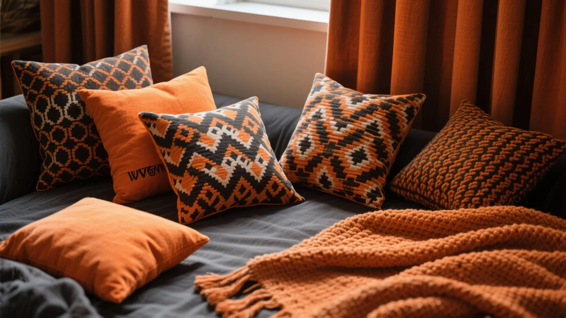 Orange and black patterned pillows on a dark sofa with a matching knitted warm blanket