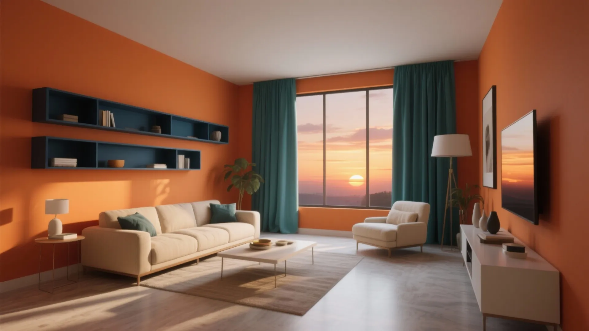Orange living room with navy shelves and teal drapes