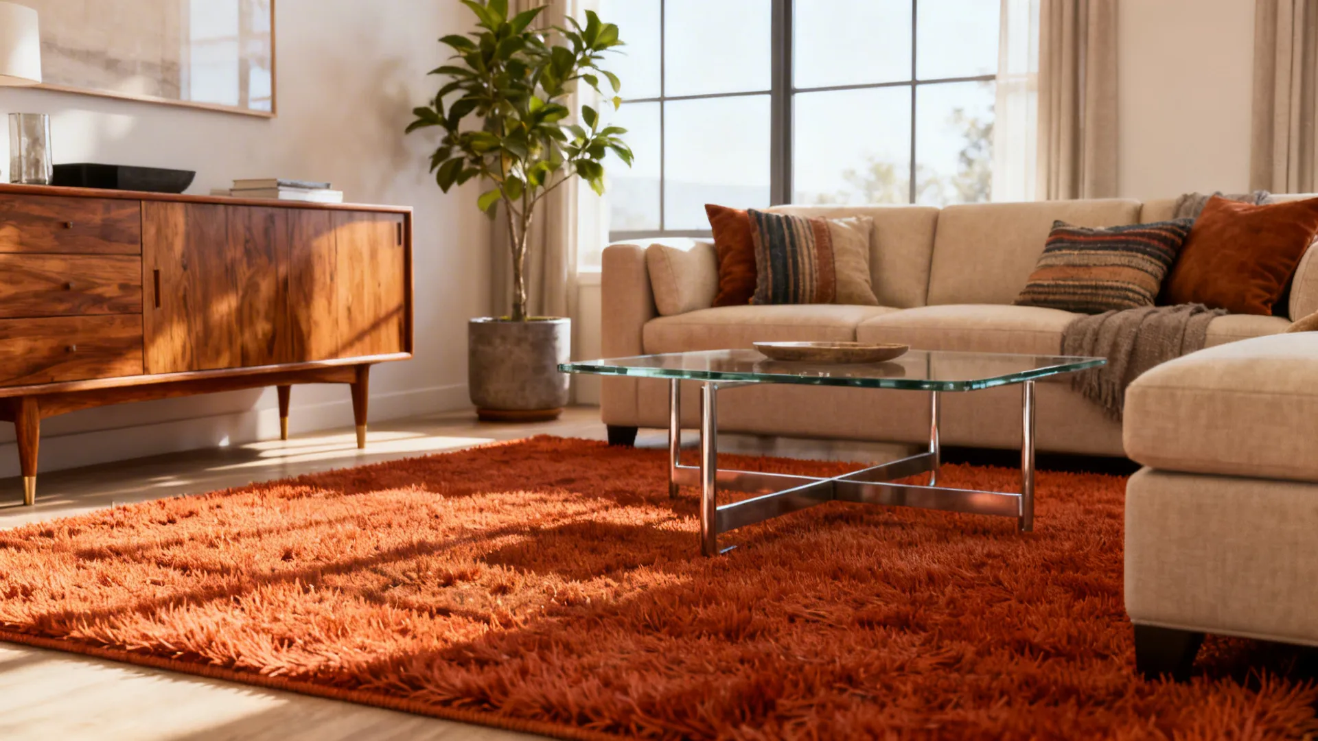 Living room with orange rug beige sofa glass coffee table wooden cabinet and green plant