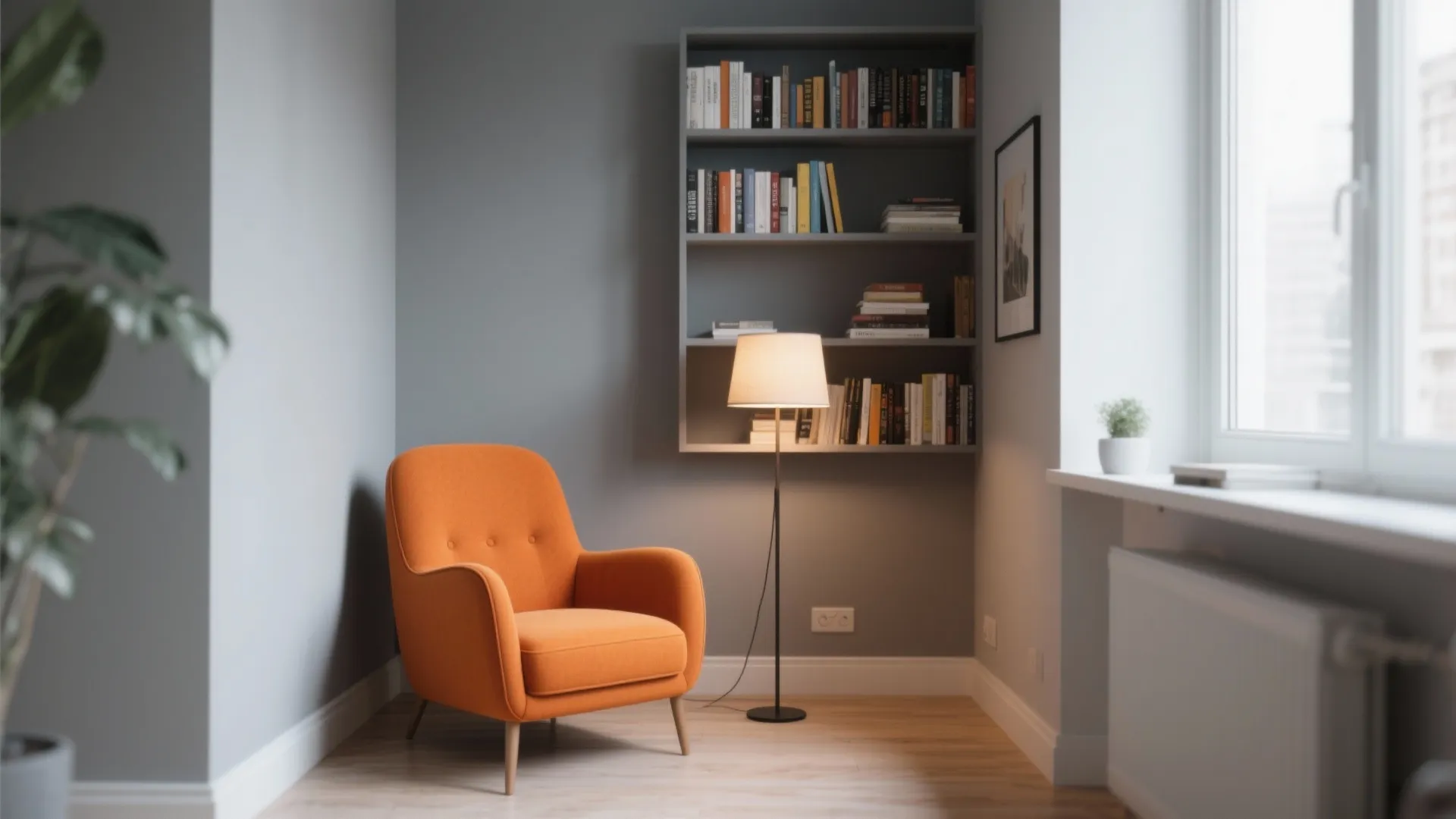 6. Orange Accent Chair in a Grey Reading Nook