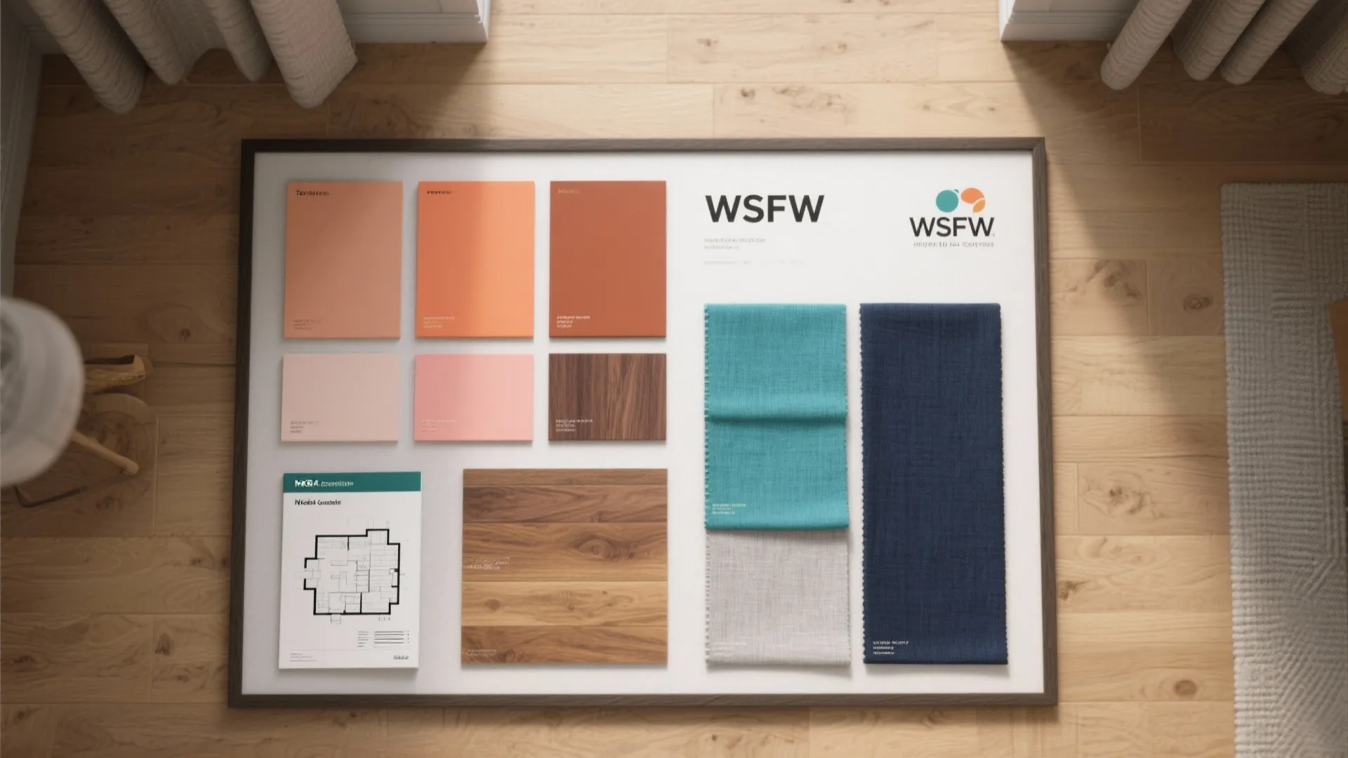 Mood board showing orange paint samples fabric swatches wood flooring and 2D interior design drawing
