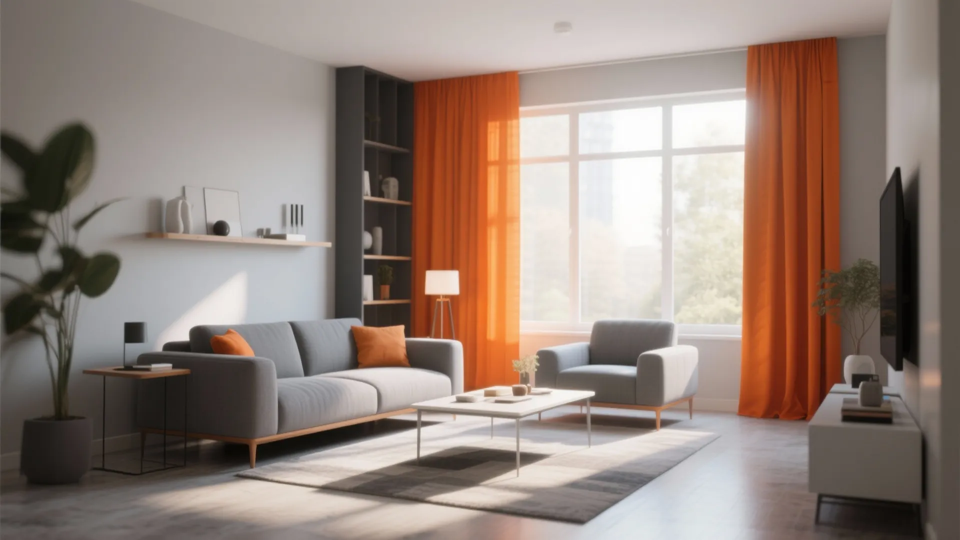 7. Orange Curtains with Grey Furniture