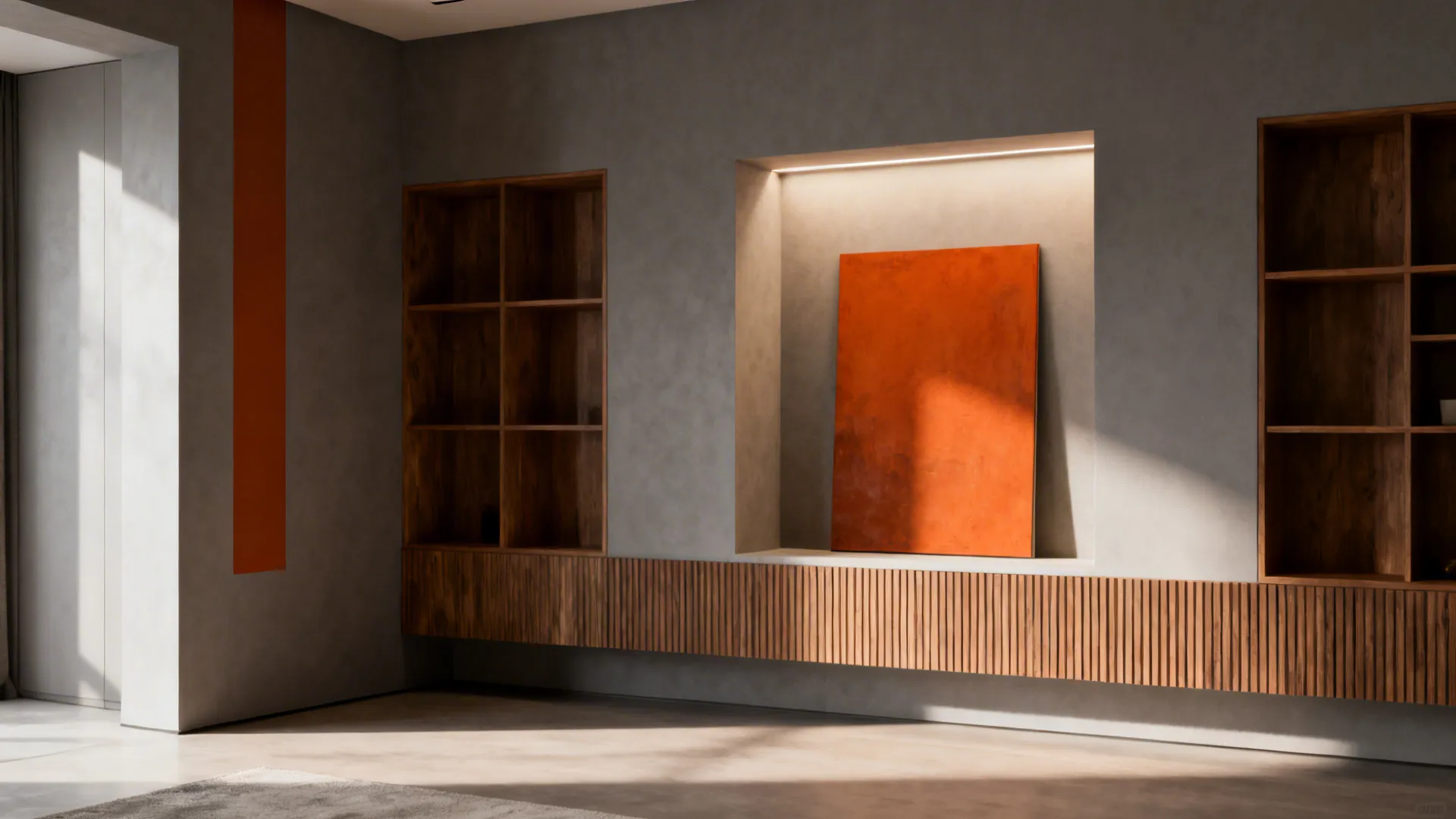Living room corner with a vertical burnt orange feature stripe and a recessed art niche on warm gray walls.