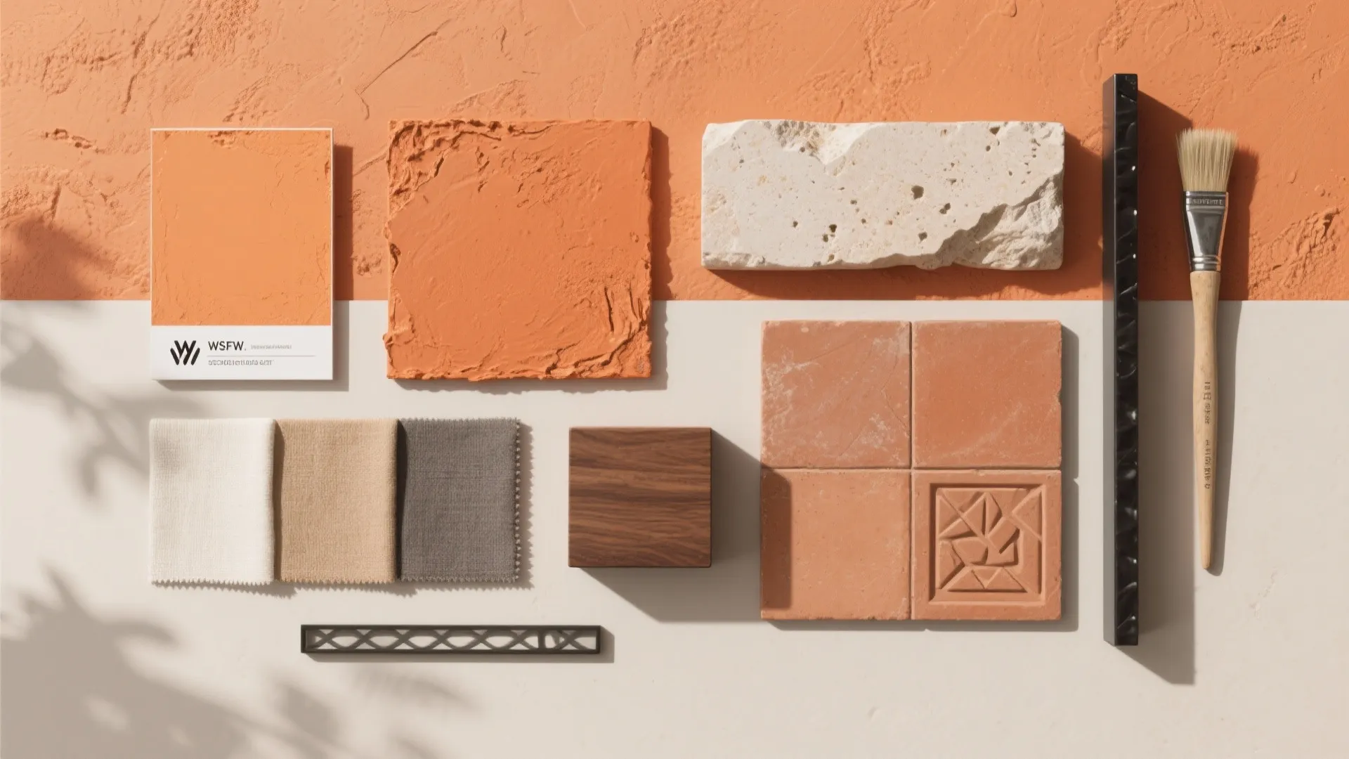 Interior design mood board with orange wall paint, wood sample, fabric swatches, tiles, and brush
