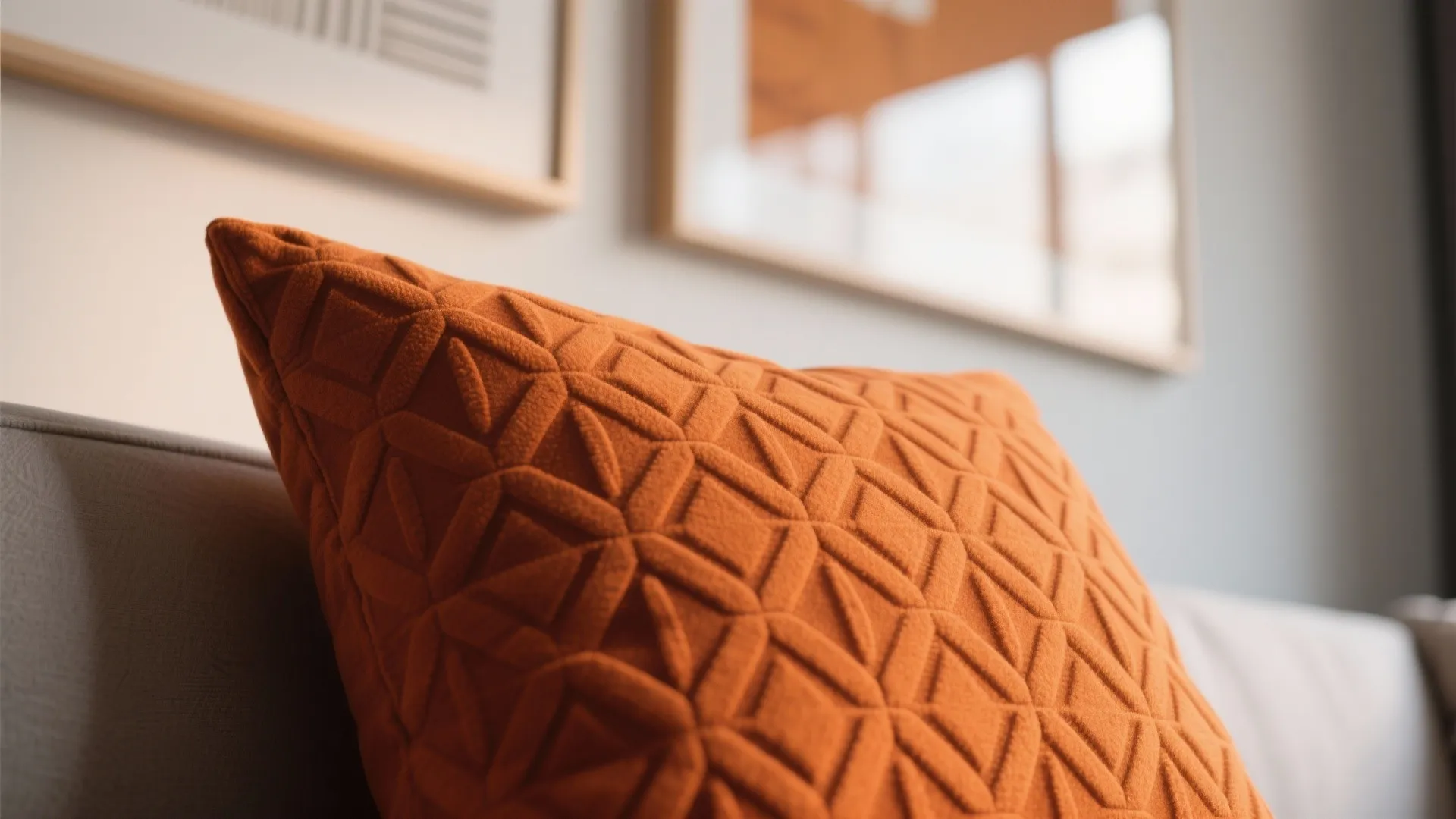 Close up of orange pillow with geometric pattern on a grey sofa in a bright room