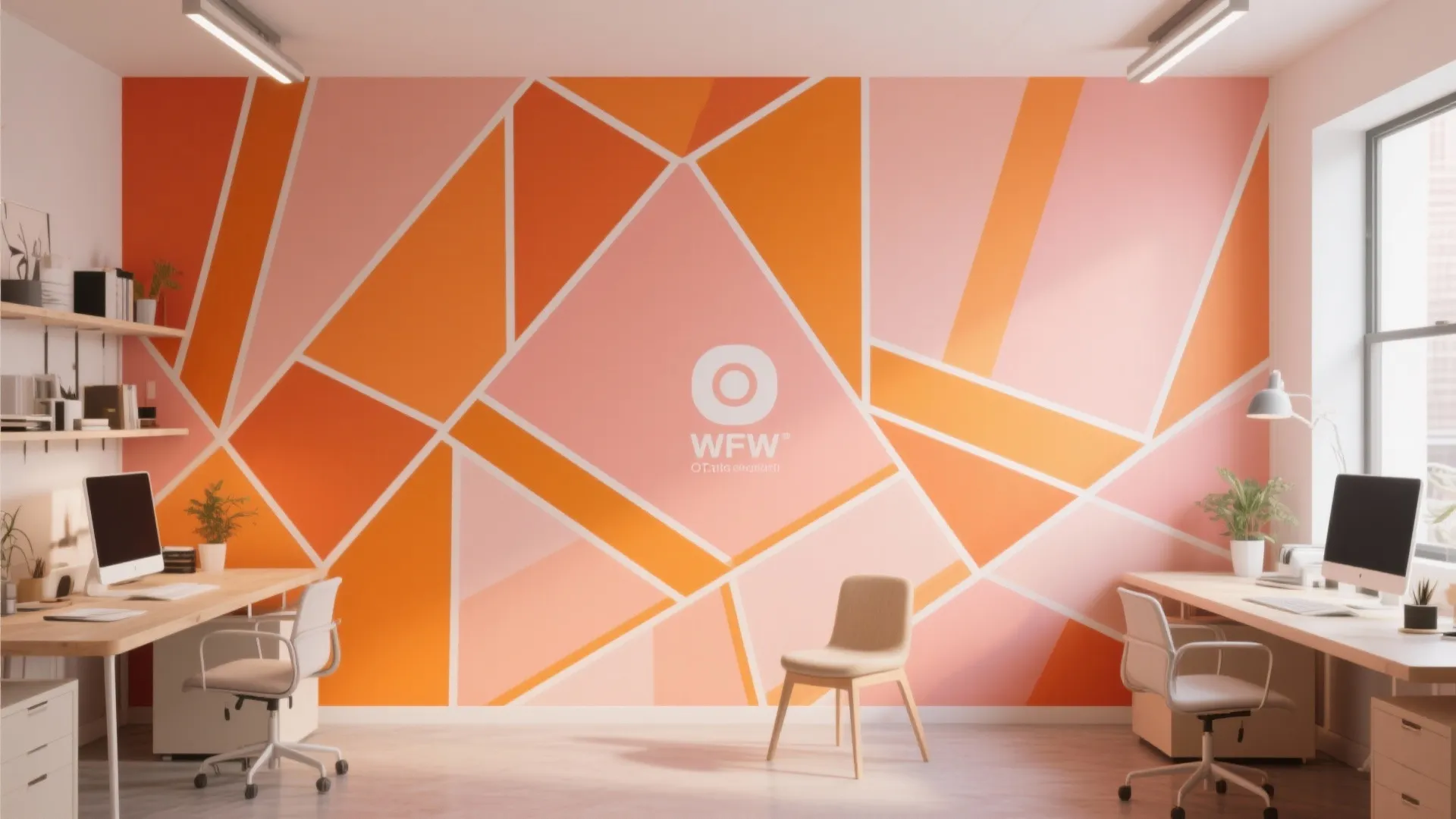 Creative workspace with geometric orange wall patterns