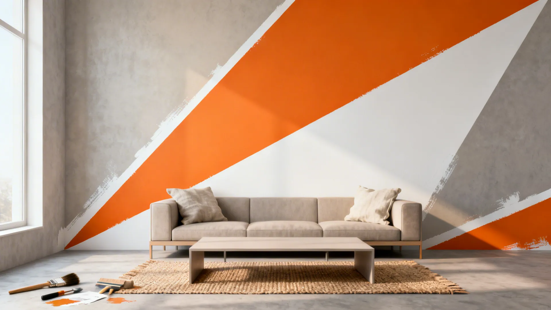 Graphic orange and white geometric wall with large triangles and neutral furnishings.