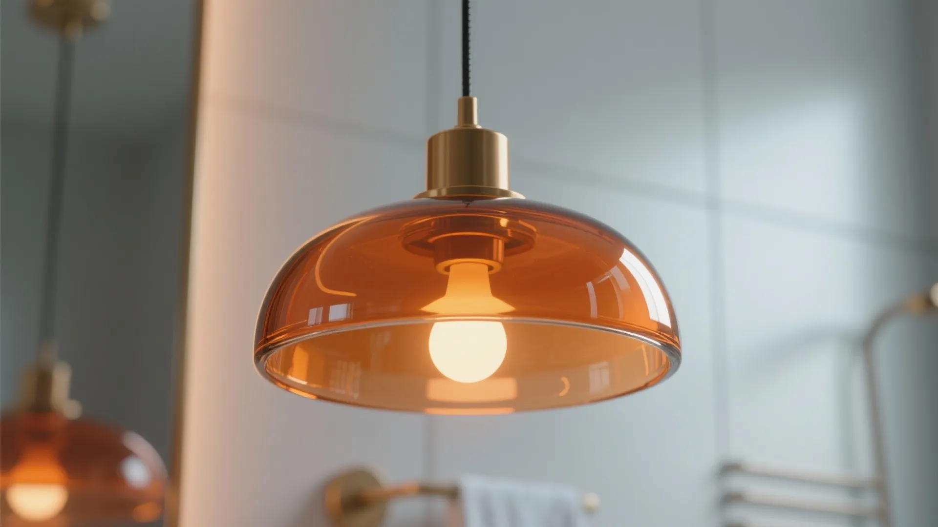Orange glass ceiling light with a glowing bulb hanging inside a clean modern style bathroom