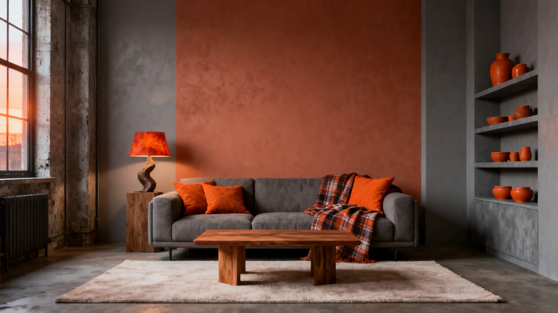 Modern living room with grey sofa orange pillows wooden coffee table and orange painted accent wall