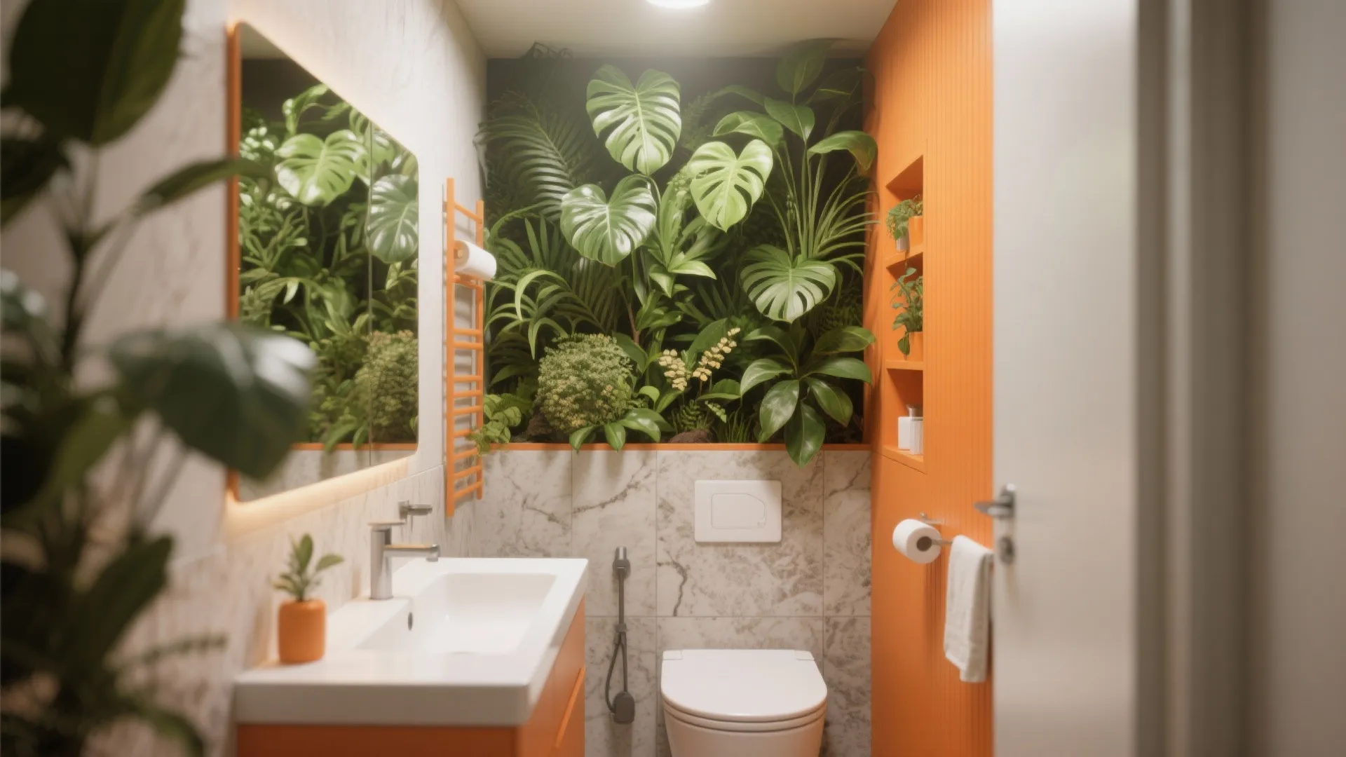 Modern bathroom with orange wall and green plants behind the white toilet and marble sink