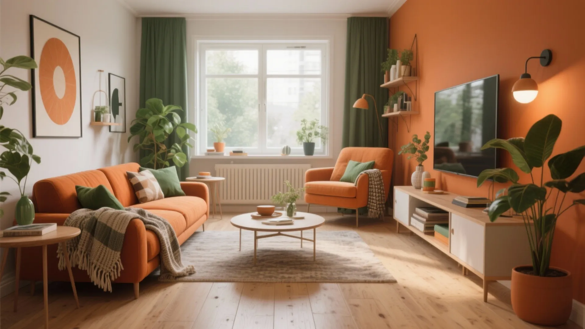 Bright living room with orange accent wall matching sofa green curtains and wooden media cabinet unit