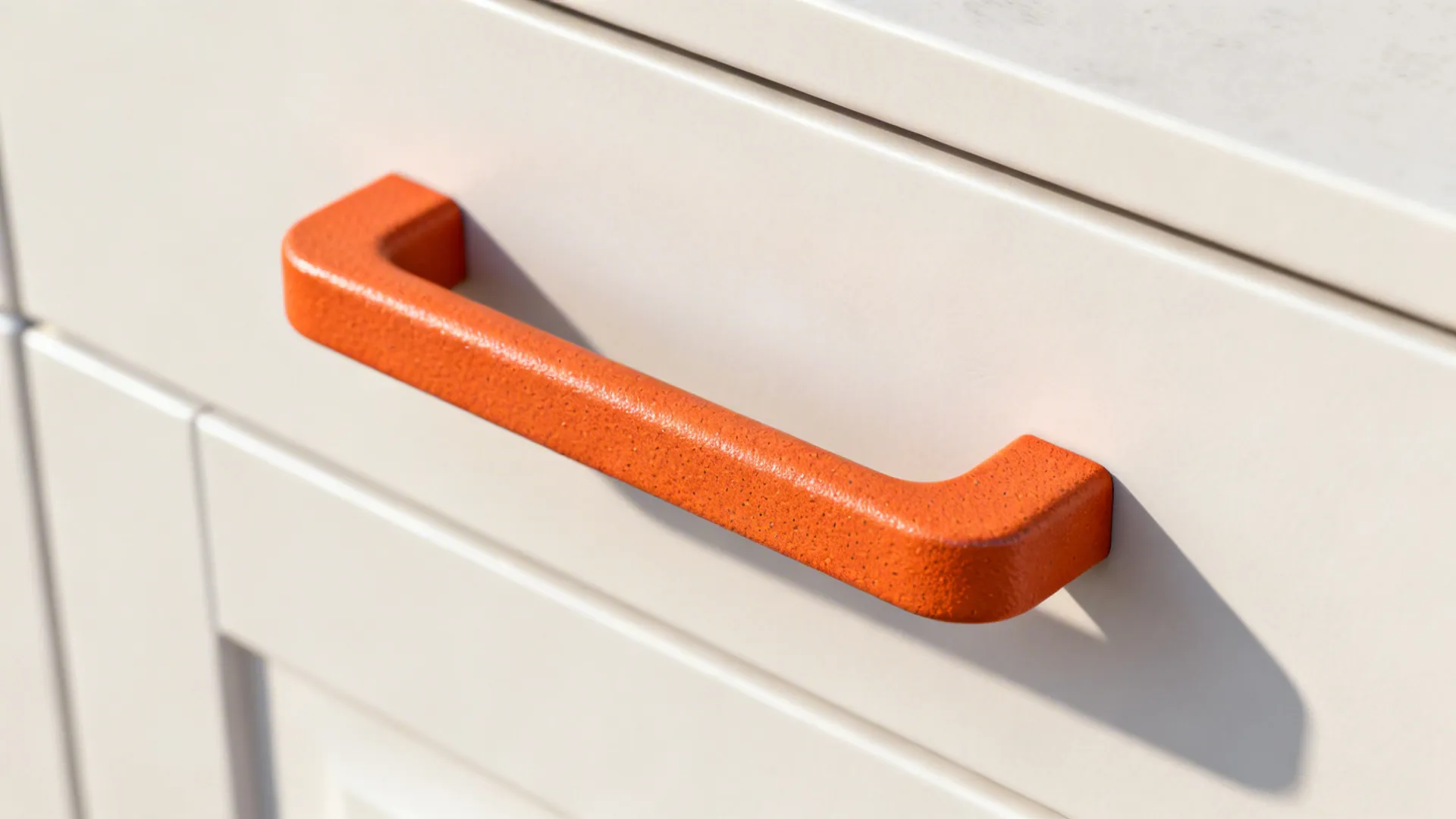 Close-up of orange powder-coated handle on a matte white cabinet drawer.
